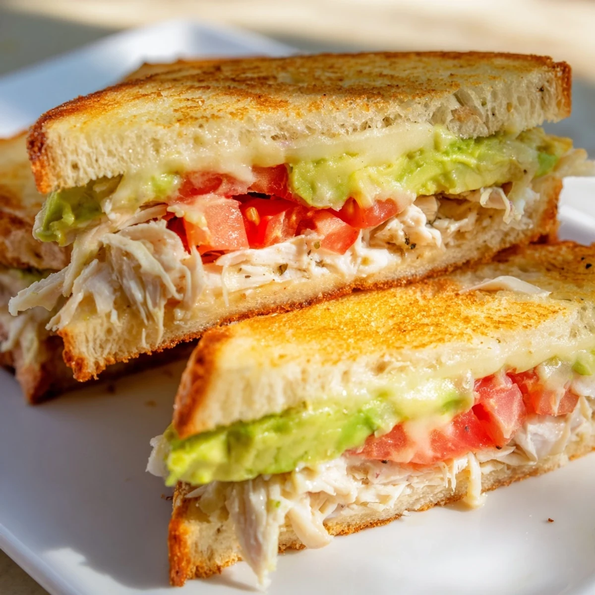 Golden grilled chicken avocado melt sandwich with melted cheese and fresh tomato slices on sourdough bread