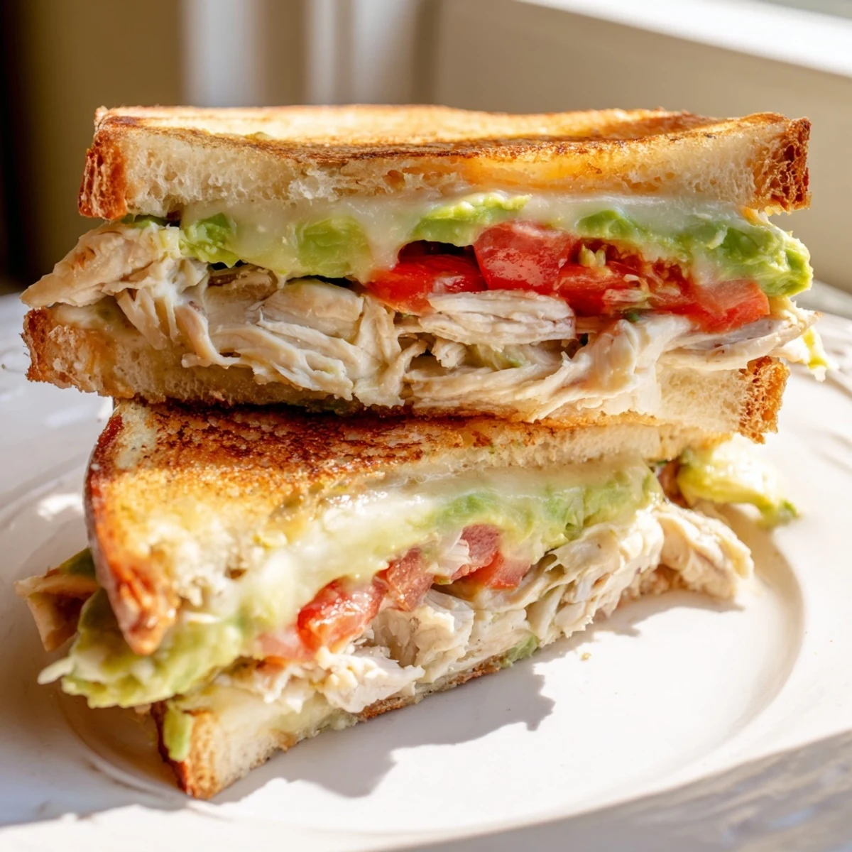 Warm open-faced chicken avocado melt featuring creamy avocado, juicy chicken, and bubbling provolone on toasted grain bread