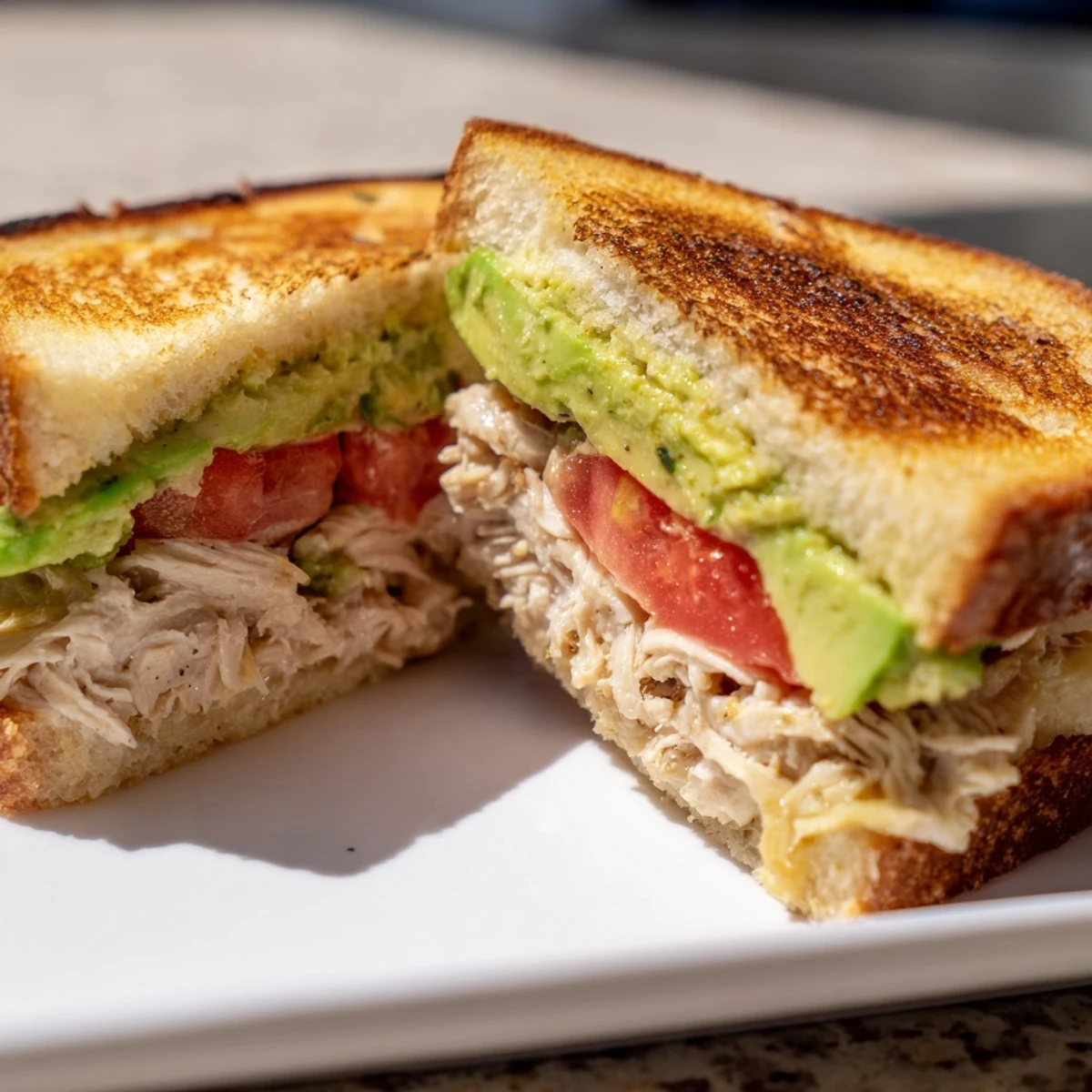 Sliced chicken avocado melt sandwich showcasing layers of melted Swiss cheese, ripe avocado, and crisp tomato