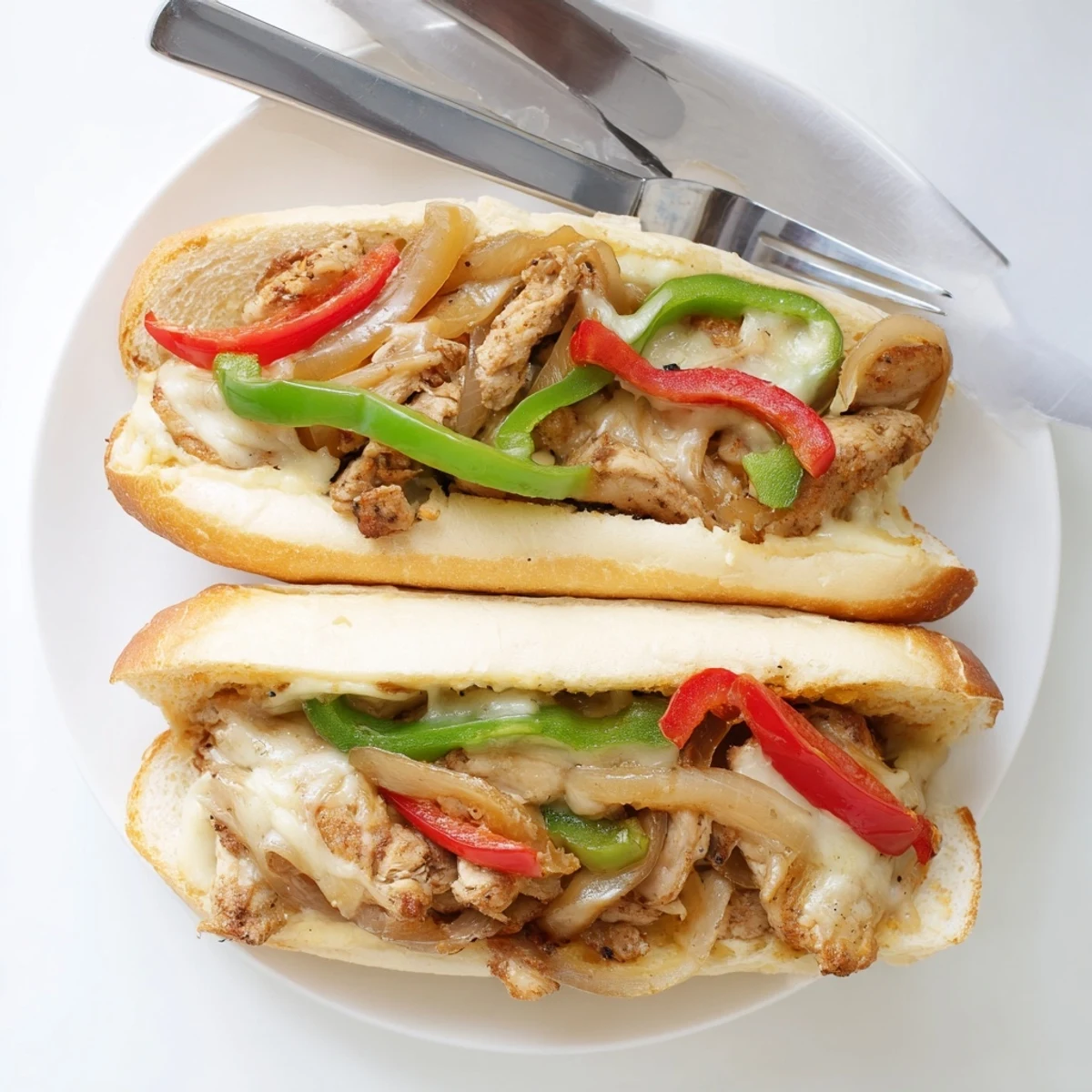 Golden chicken cheesesteak sandwich overflowing with melted provolone peppers and caramelized onions in a toasted hoagie roll