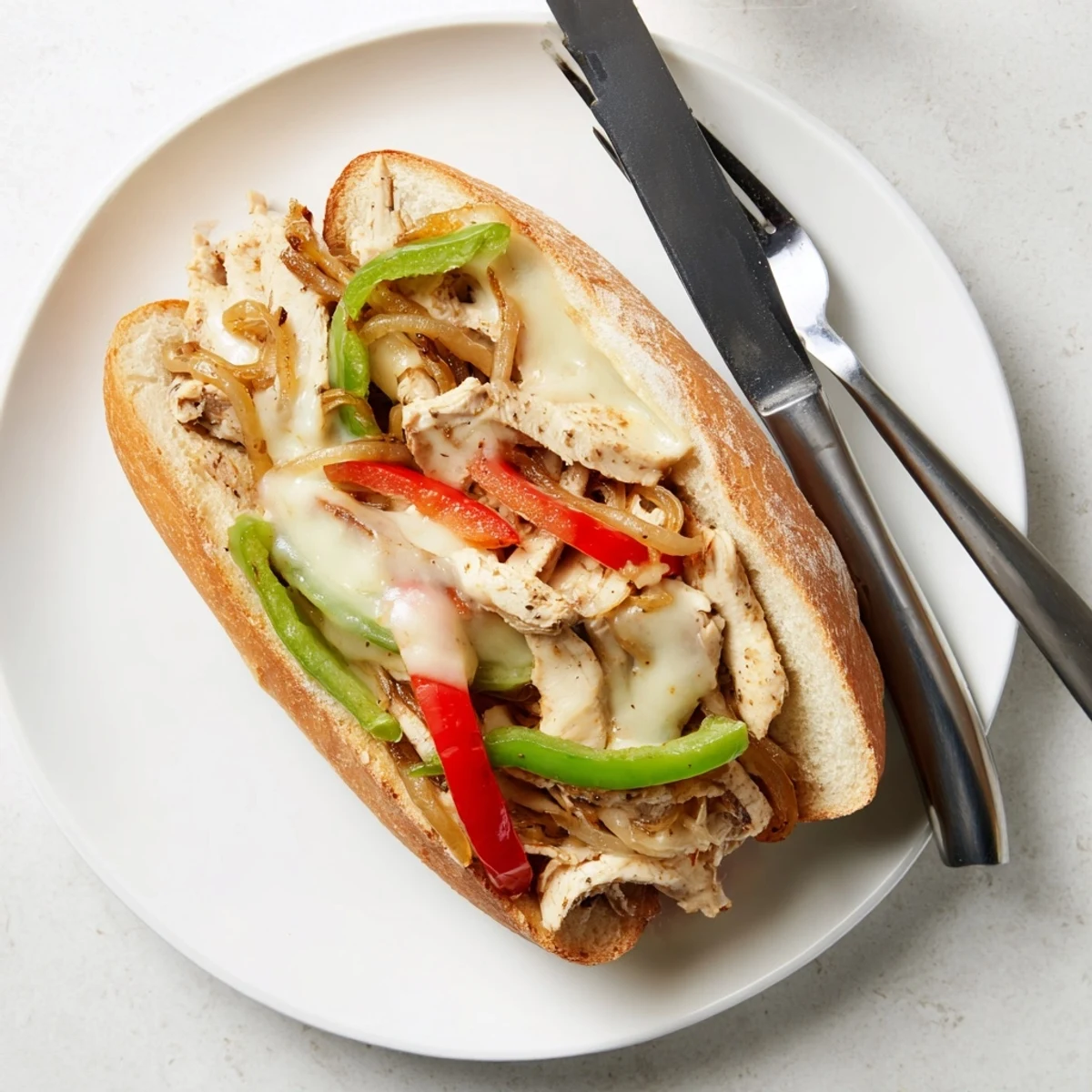 Savory chicken cheesesteak sandwiches piled high with juicy peppers onions and gooey cheese on crusty toasted bread