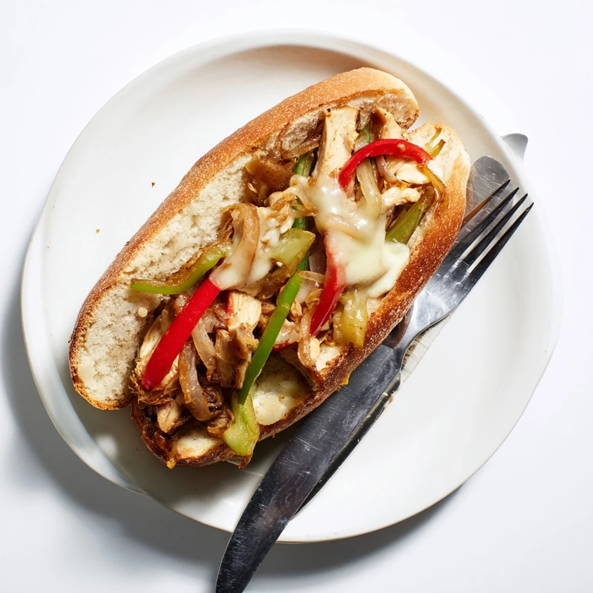 Mouthwatering chicken cheesesteak sandwich featuring tender seasoned chicken strips sautéed with colorful bell peppers and melted provolone