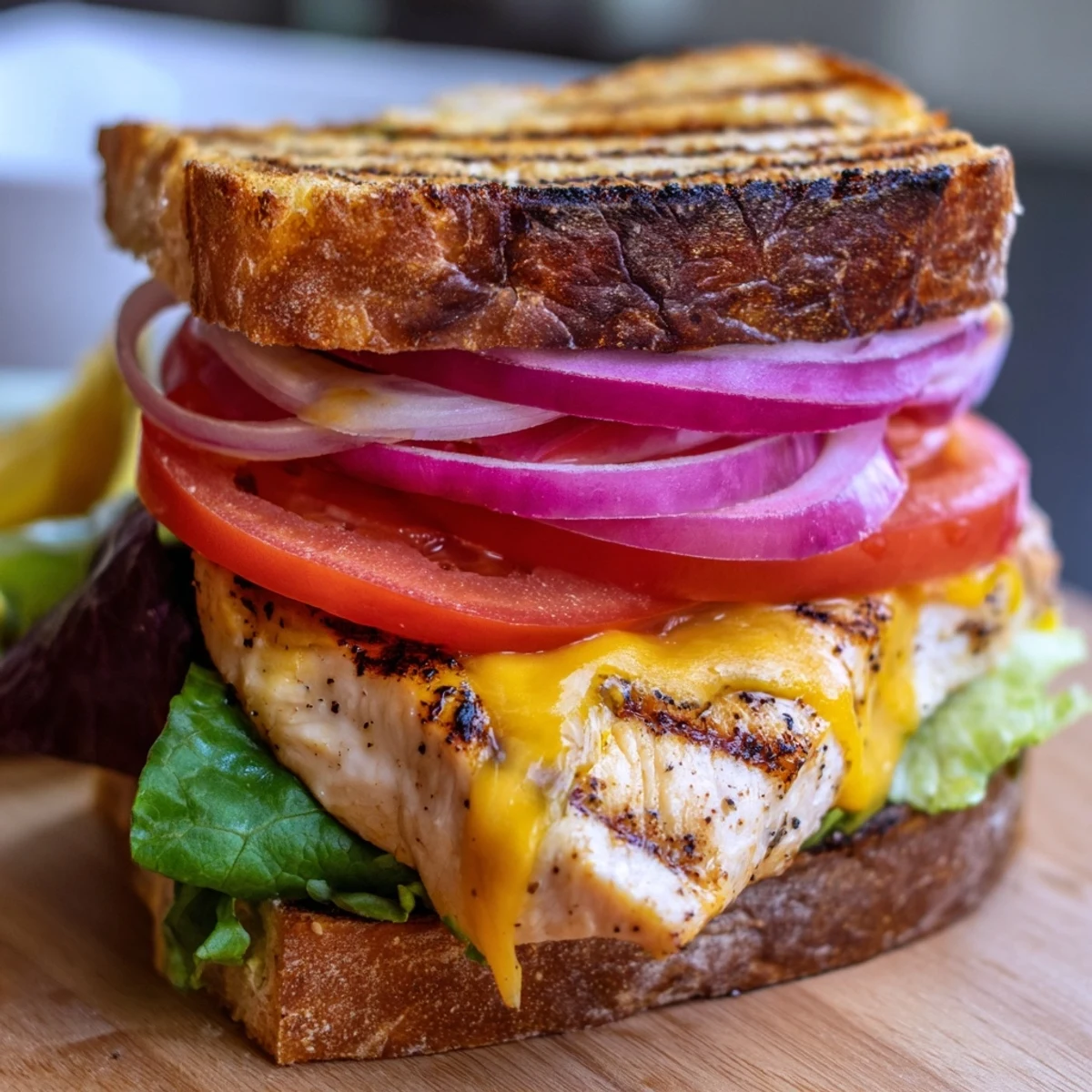 Golden melted cheddar drapes over juicy grilled chicken breast layered on toasted ciabatta with crisp romaine lettuce for this ultimate cheesy grilled chicken sandwich