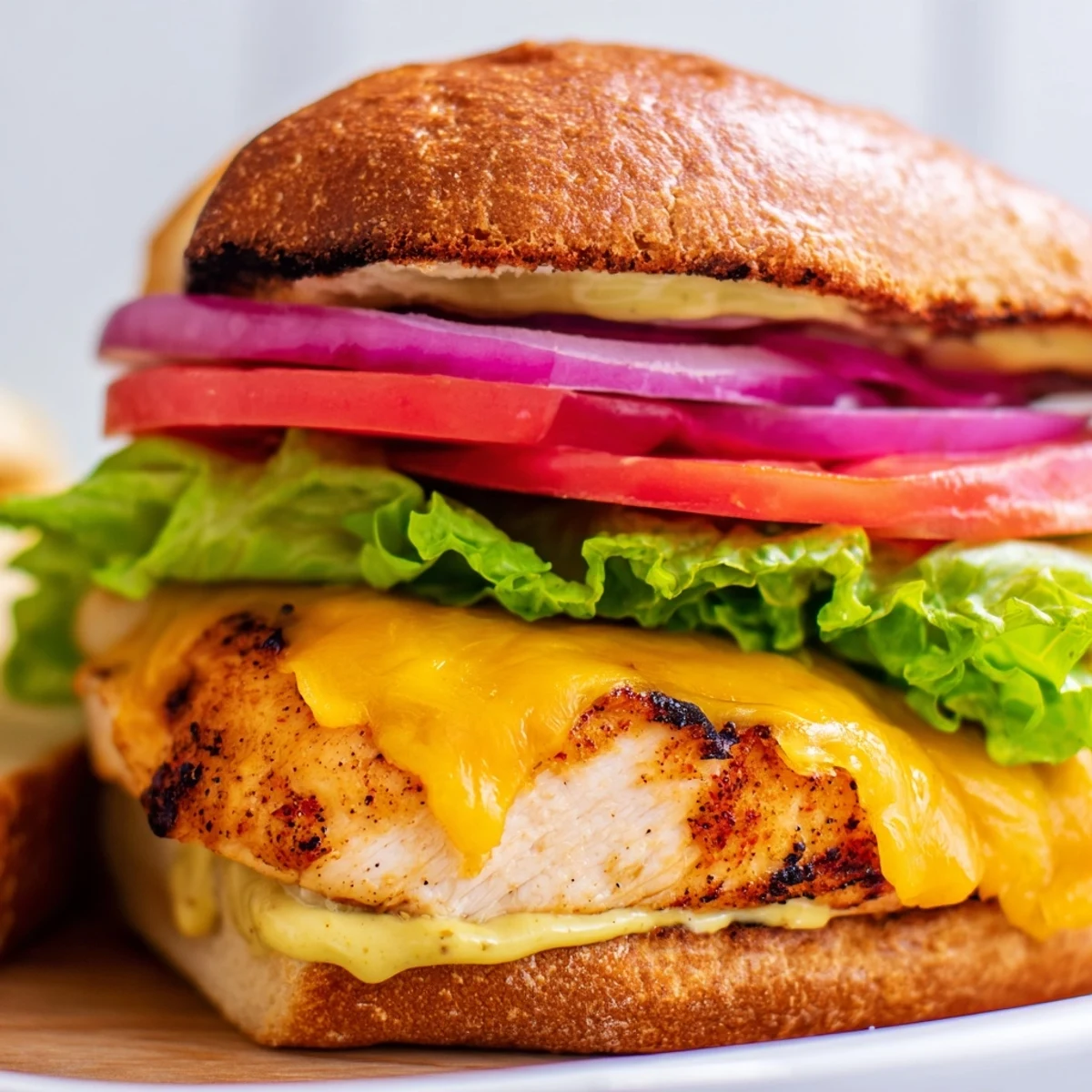 Savory cheesy grilled chicken sandwich stacked high with spice-rubbed chicken, melted cheese, fresh tomato slices, and tangy Dijon mayo sauce on warm bread