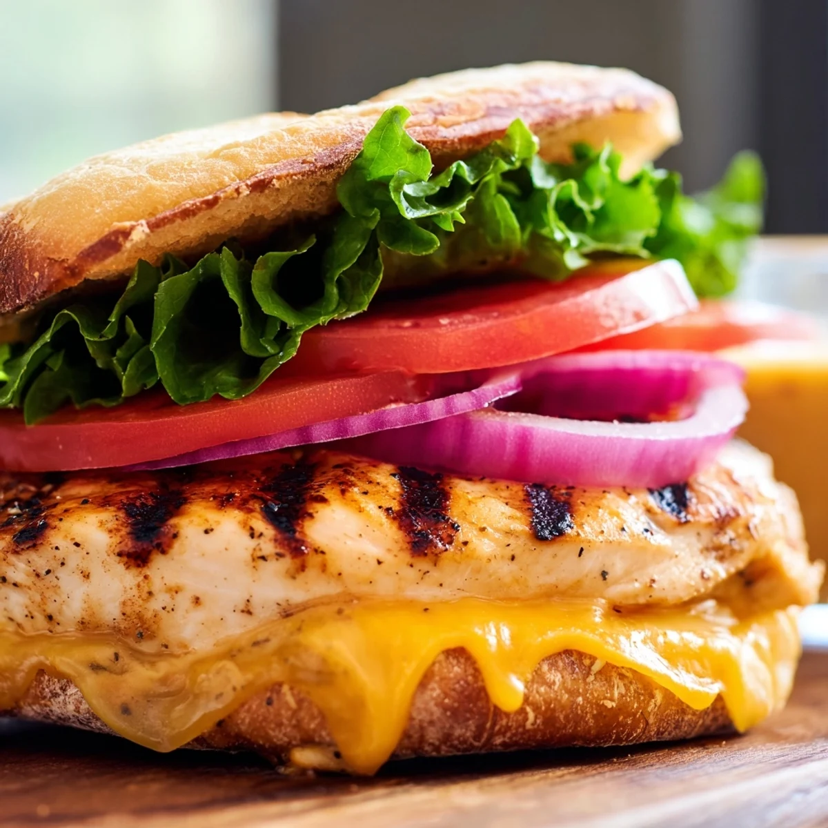 Half of this cheesy grilled chicken sandwich reveals tender seasoned chicken oozing with melted cheese, topped with crunchy red onion and creamy dressing
