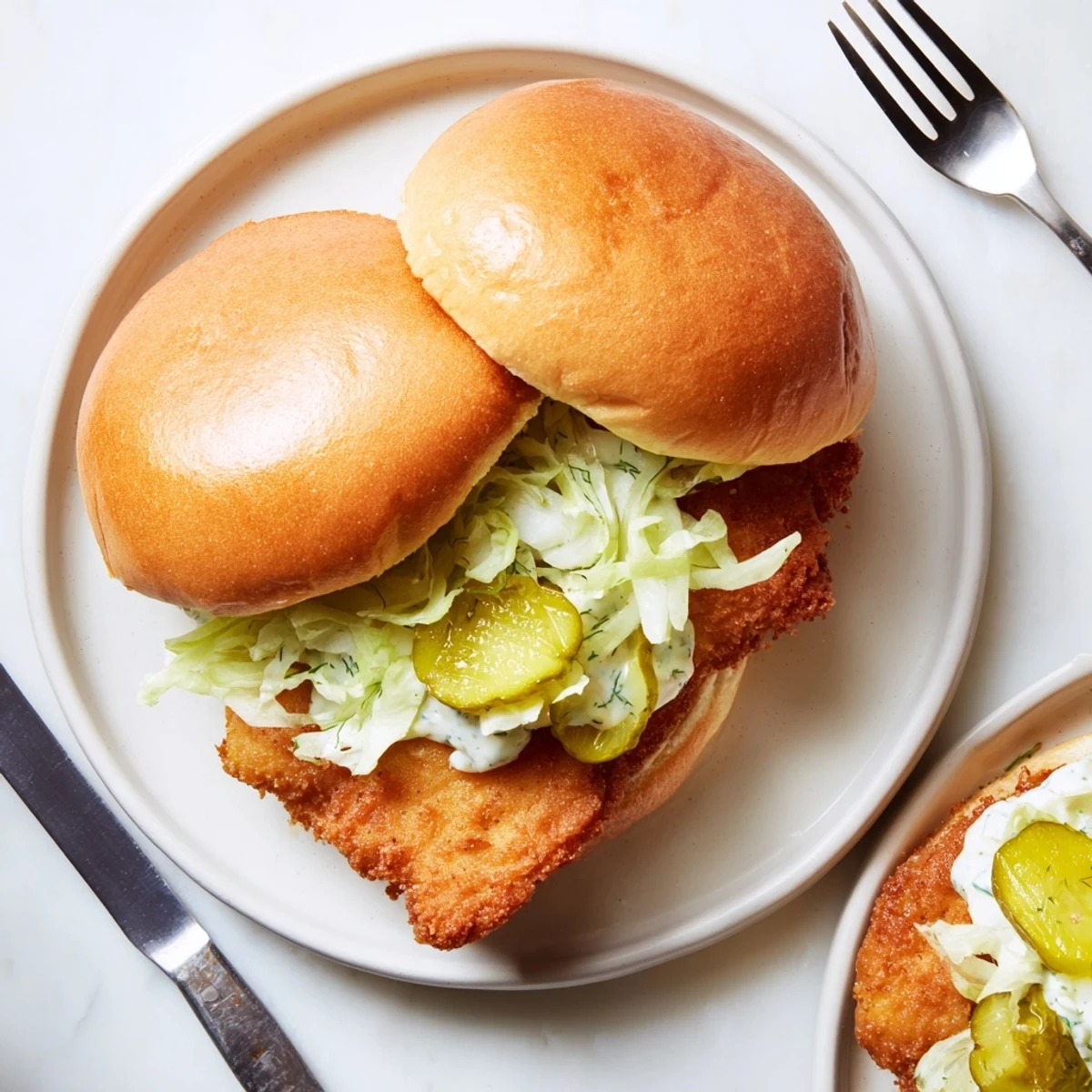 Golden crispy dill chicken sandwich stacked on toasted brioche bun with fresh lettuce and tangy pickles