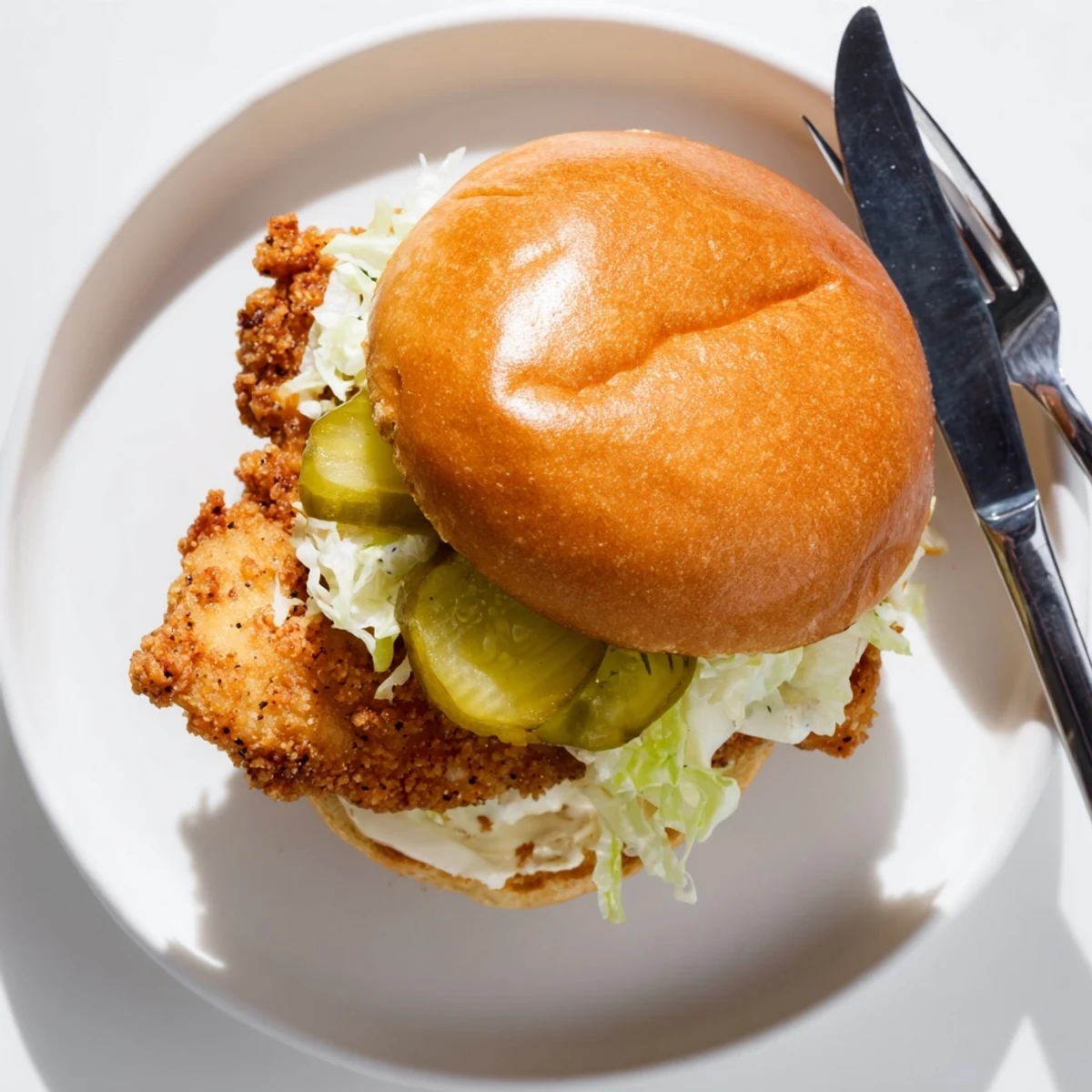 Crispy dill chicken sandwich featuring crunchy fried chicken breast with creamy dill mayo and pickle slices