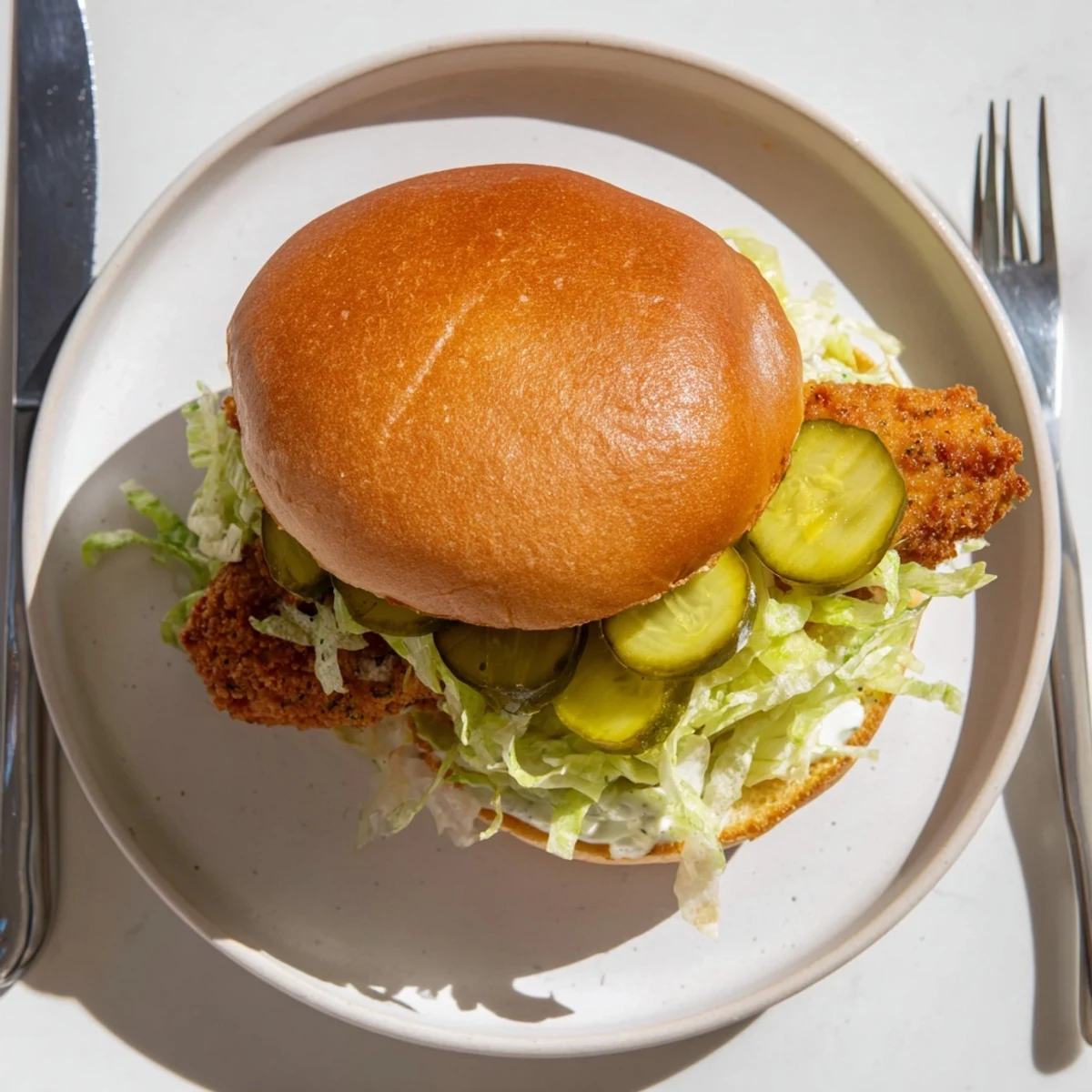 Golden brown crispy dill chicken sandwich served on soft bun with crisp lettuce and dill sauce