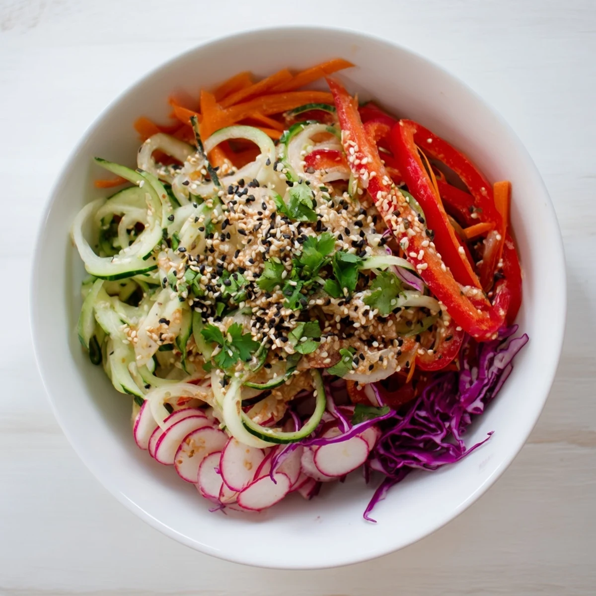 Colorful bowl of creamy Asian cucumber salad topped with toasted sesame seeds
