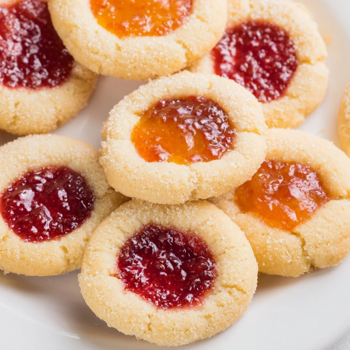 Golden fruity thumbprint cookies filled with vibrant raspberry jam on a white serving plate