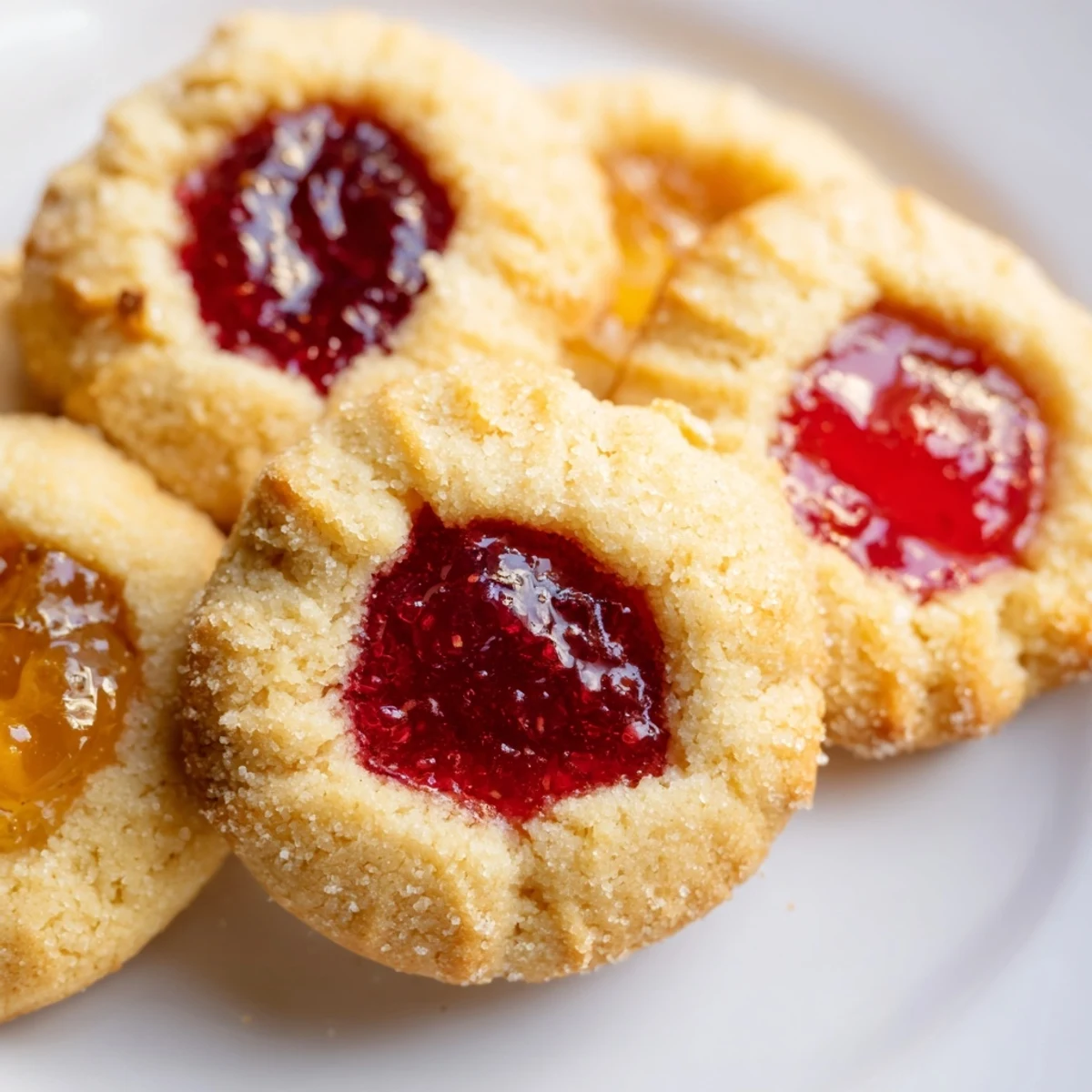 Buttery homemade thumbprint cookies with colorful fruit preserves cooling on a wire rack