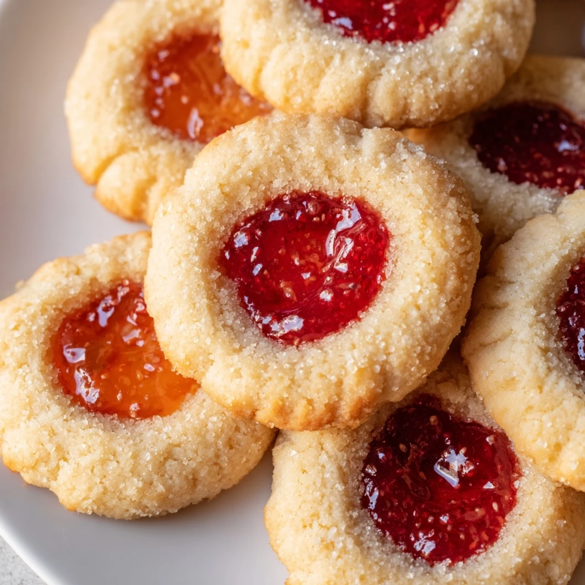 Festive fruity thumbprint cookies with shiny jam centers arranged on a decorative wooden board