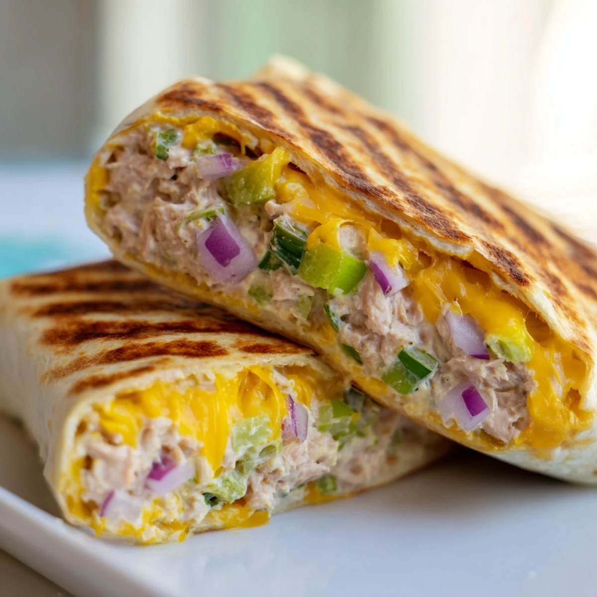 Golden grilled tuna melt wrap with melted cheddar oozing from warm flour tortilla