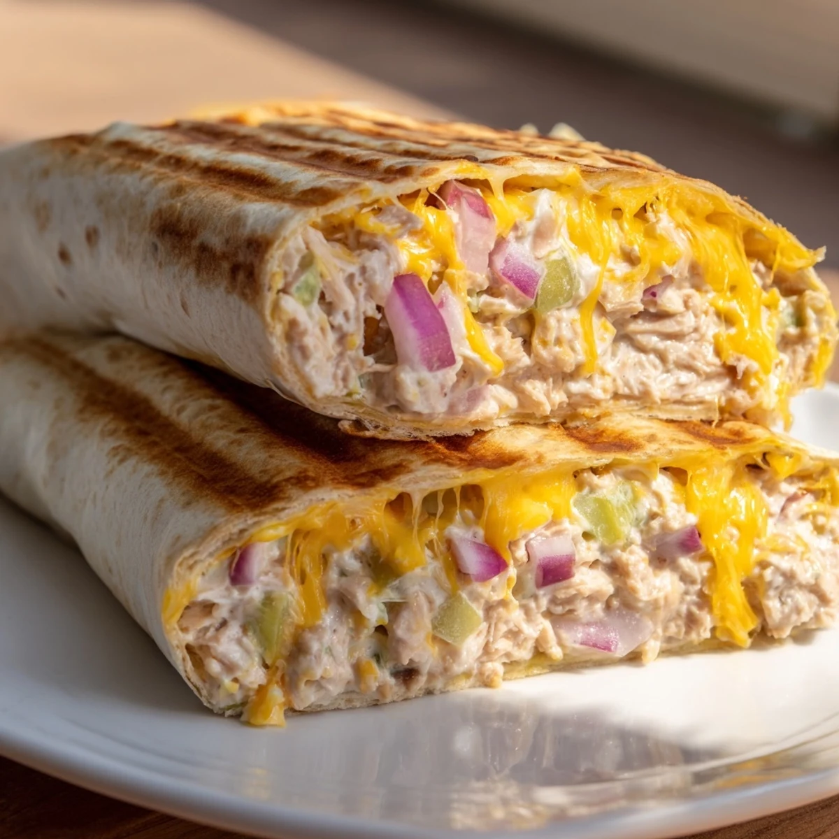 Toasted tuna melt wrap pan-fried to perfection with rich cheddar and tuna salad