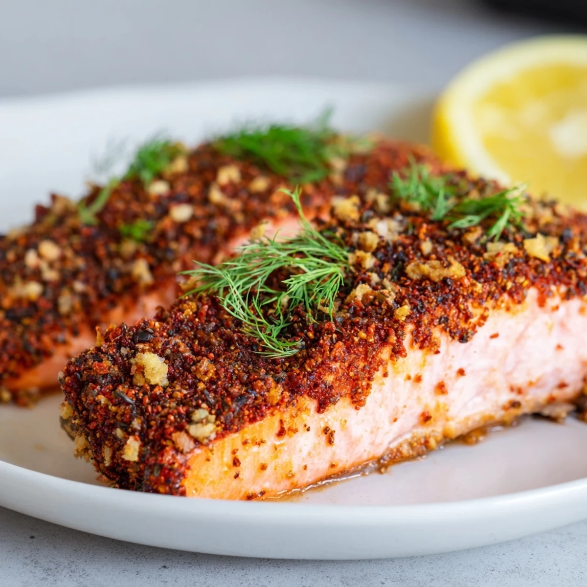 Perfectly cooked air fryer salmon fillets with crispy golden edges and tender flaky meat