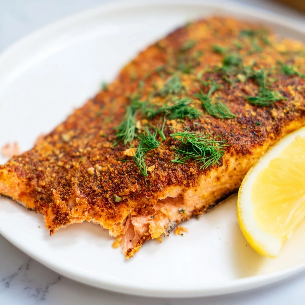 Seasoned air fryer salmon with lemon wedges and fresh herbs on a white plate