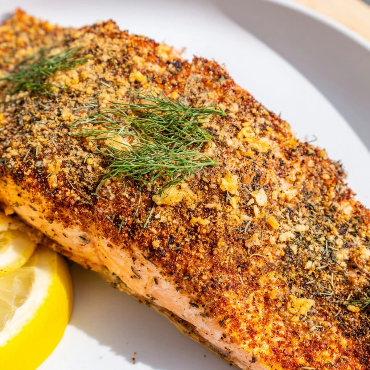 Juicy air fryer salmon pieces garnished with dill and served with steamed vegetables