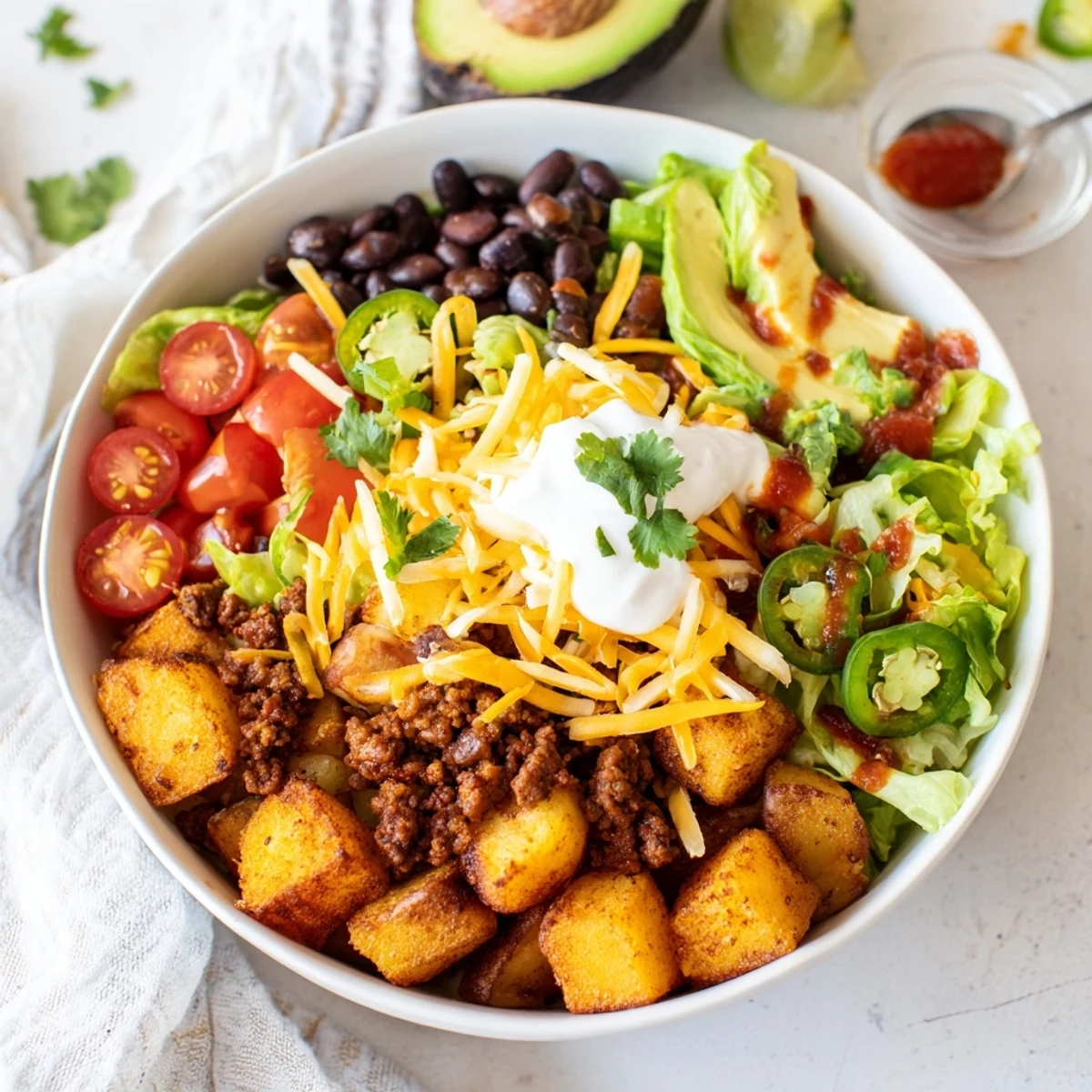 Loaded potato taco bowl with crispy roasted potatoes, seasoned beef, cheese, sour cream, avocado, and fresh cilantro toppings