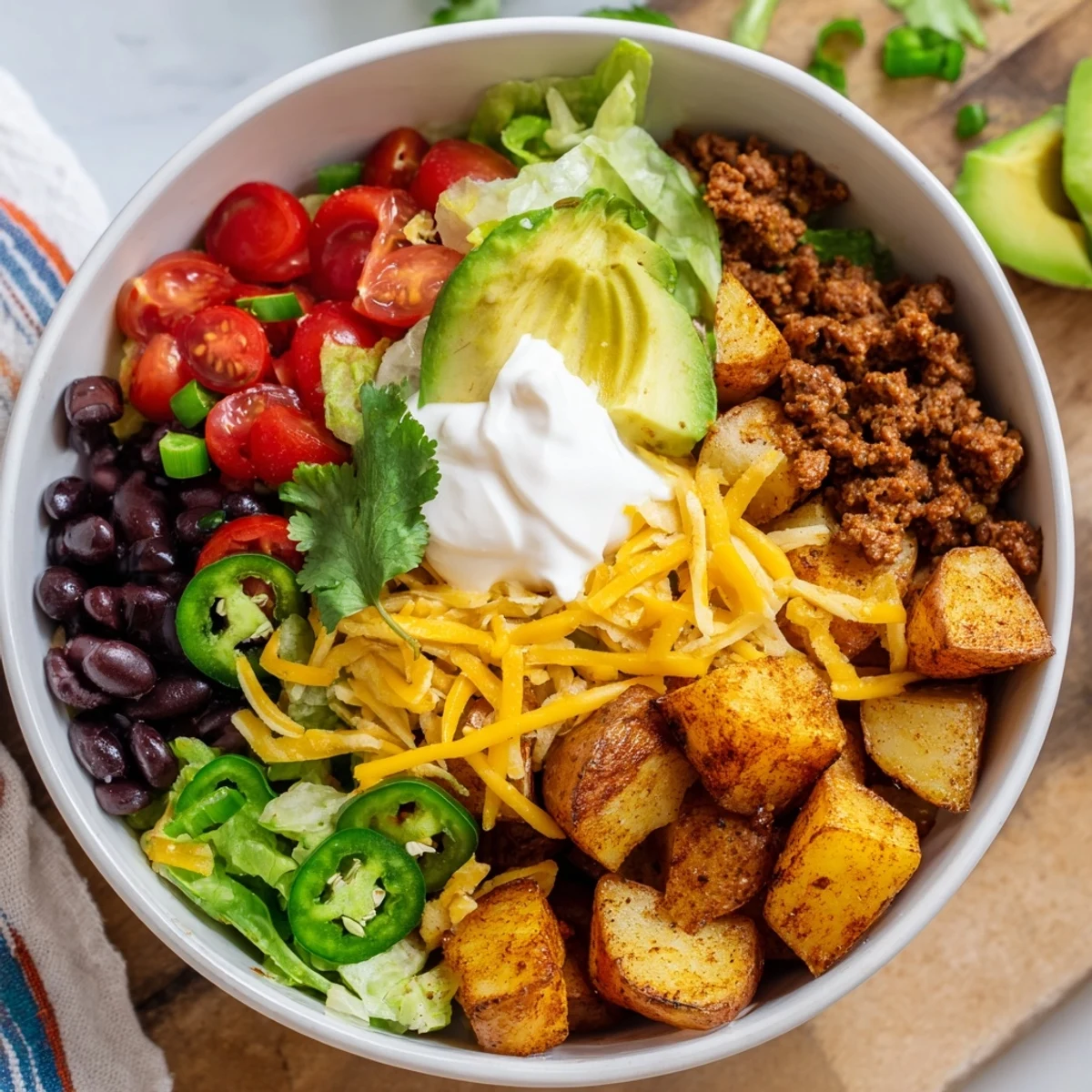 Hearty loaded potato taco bowl featuring golden potatoes, taco-spiced ground beef, black beans, lettuce, and zesty garnishes