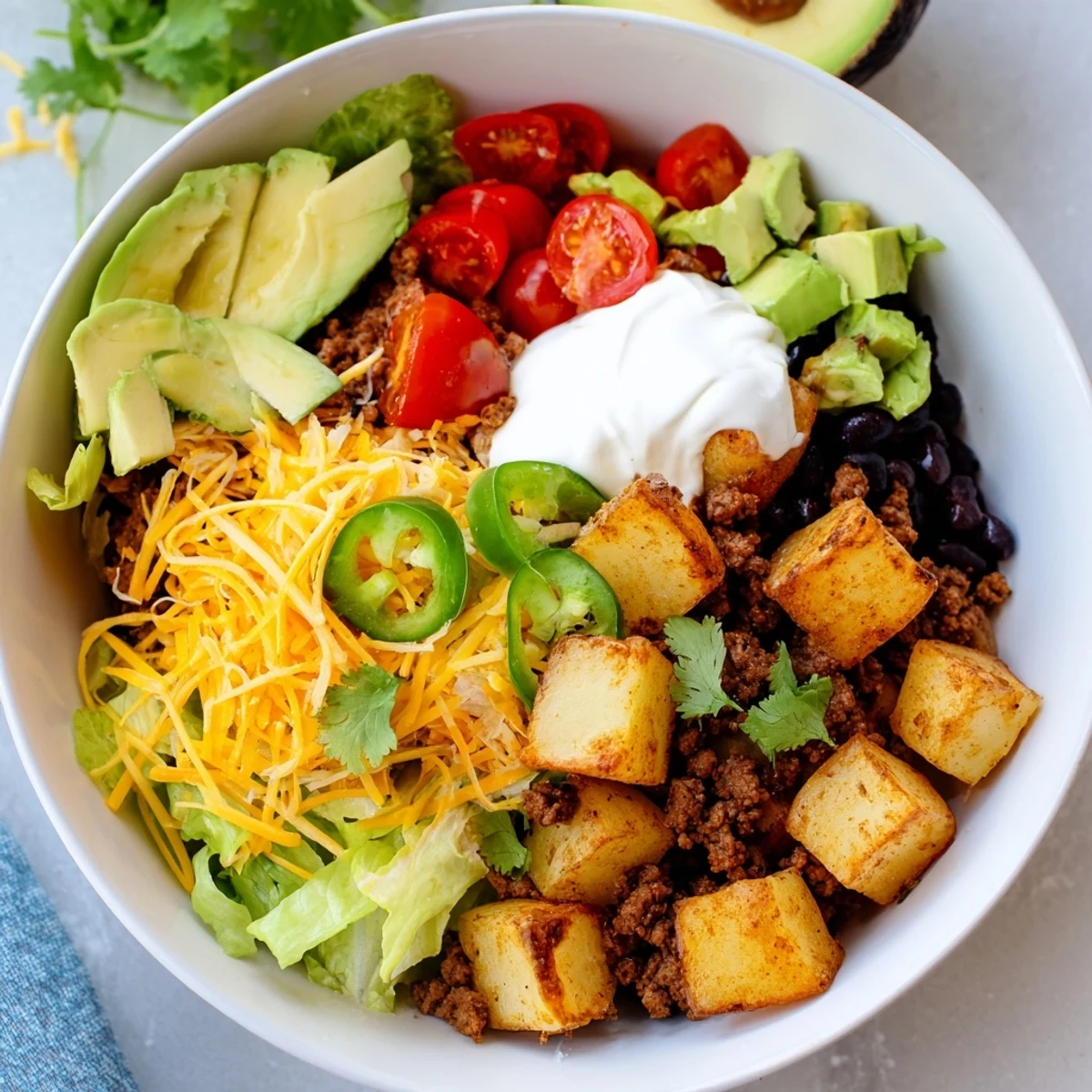 Tex-Mex loaded potato taco bowl arranged with crispy potatoes, flavorful beef, shredded cheese, tomatoes, and creamy avocado slices