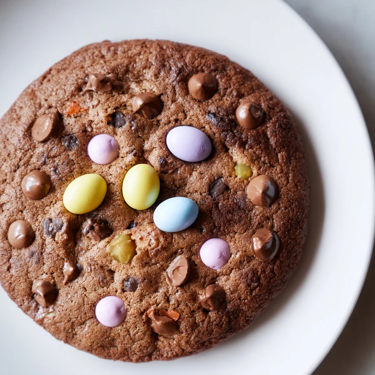 Soft chocolate Easter cookies topped with colorful candy-coated eggs and chocolate chips