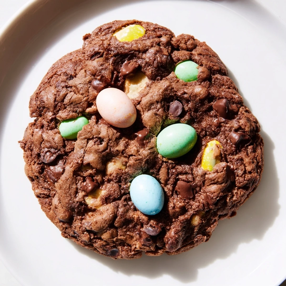 Freshly baked Easter chocolate cookies studded with melty chips and festive candy egg toppings