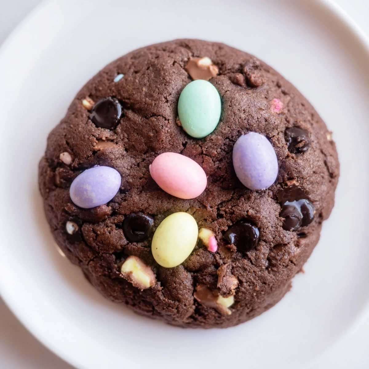Rich chocolate chip Easter cookies decorated with pastel mini eggs on a baking sheet