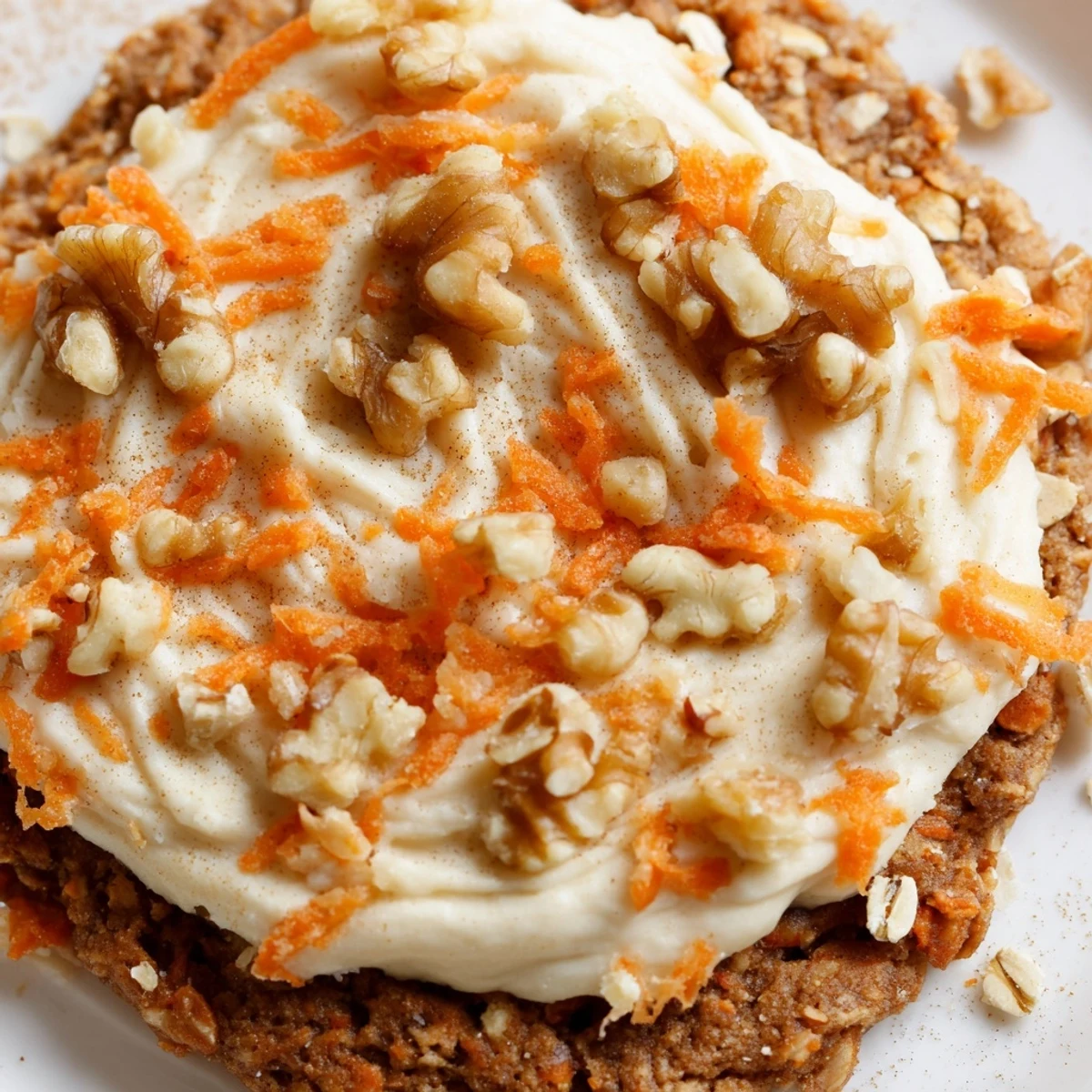 Soft carrot cake cookies topped with creamy white frosting and sprinkled with chopped walnuts