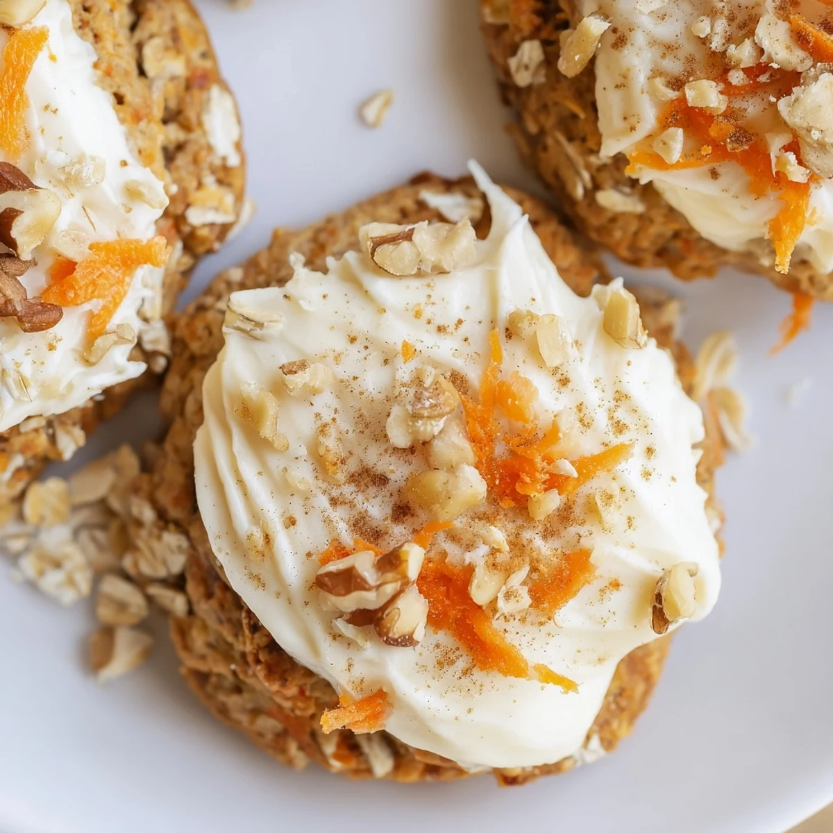 Close-up of frosted carrot cake cookies showing shredded carrots and oats beneath sweet glaze