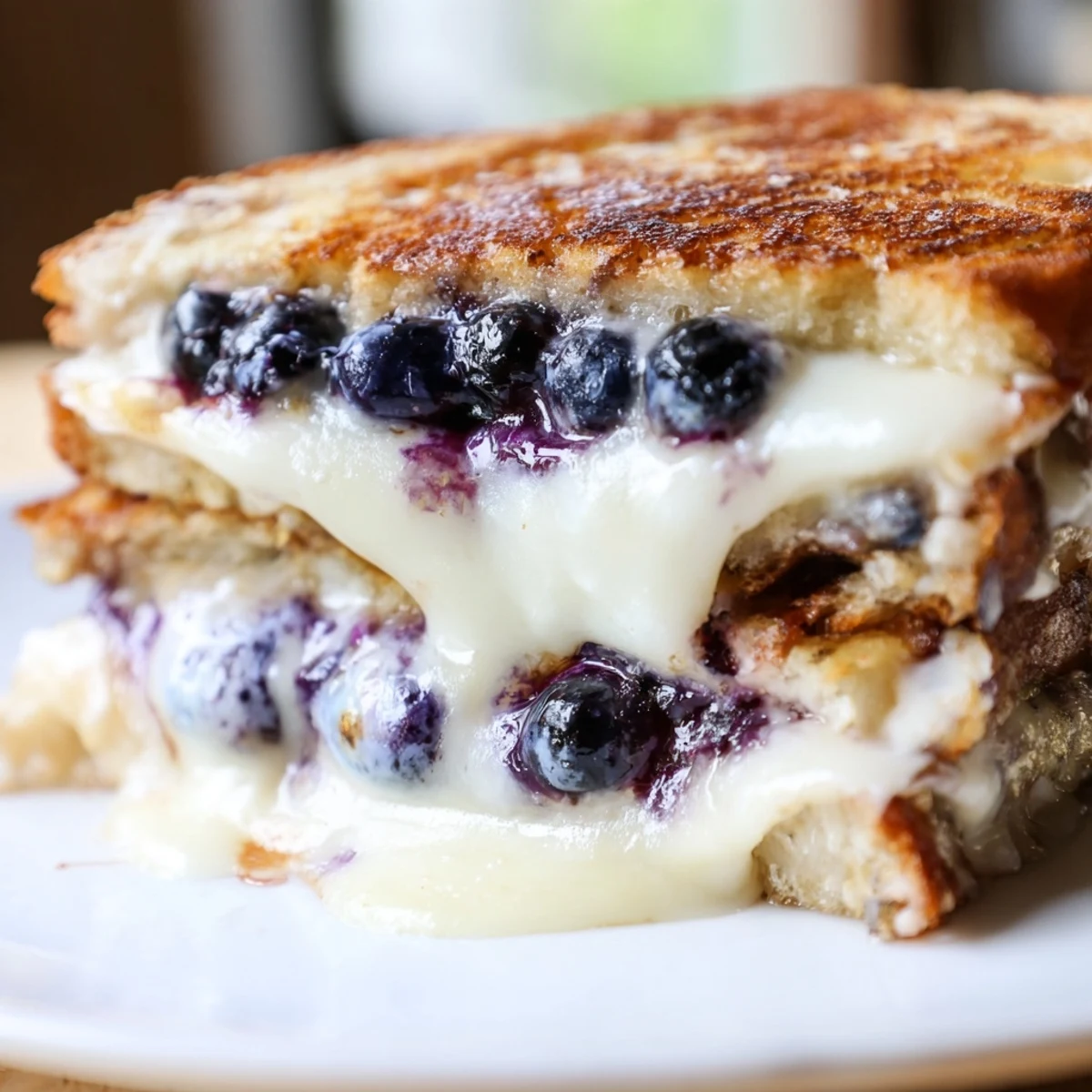 Golden grilled cheese sandwich oozing melted sharp cheddar and juicy blueberries
