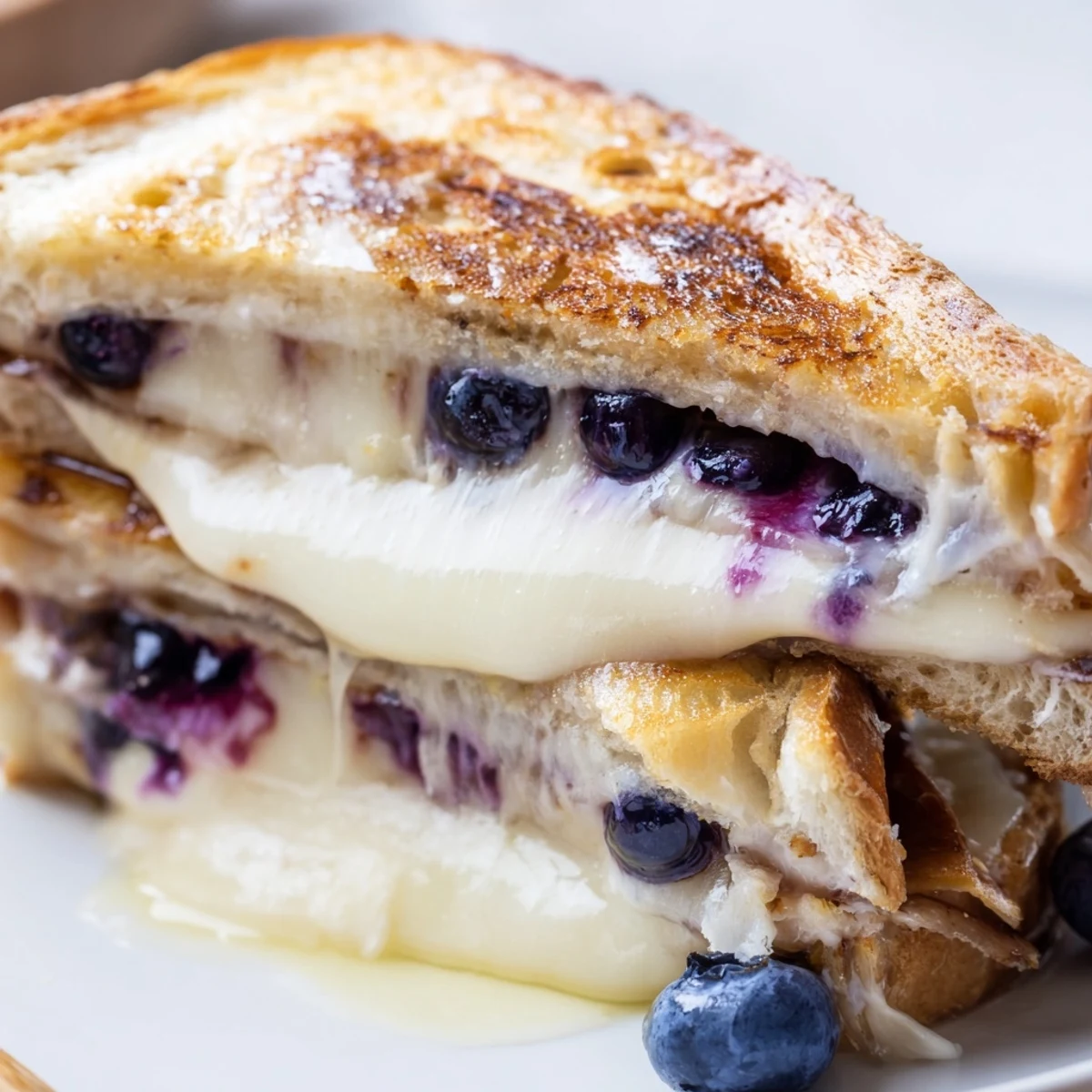 Sliced blueberry grilled cheese revealing creamy cheese layers and burst fruit
