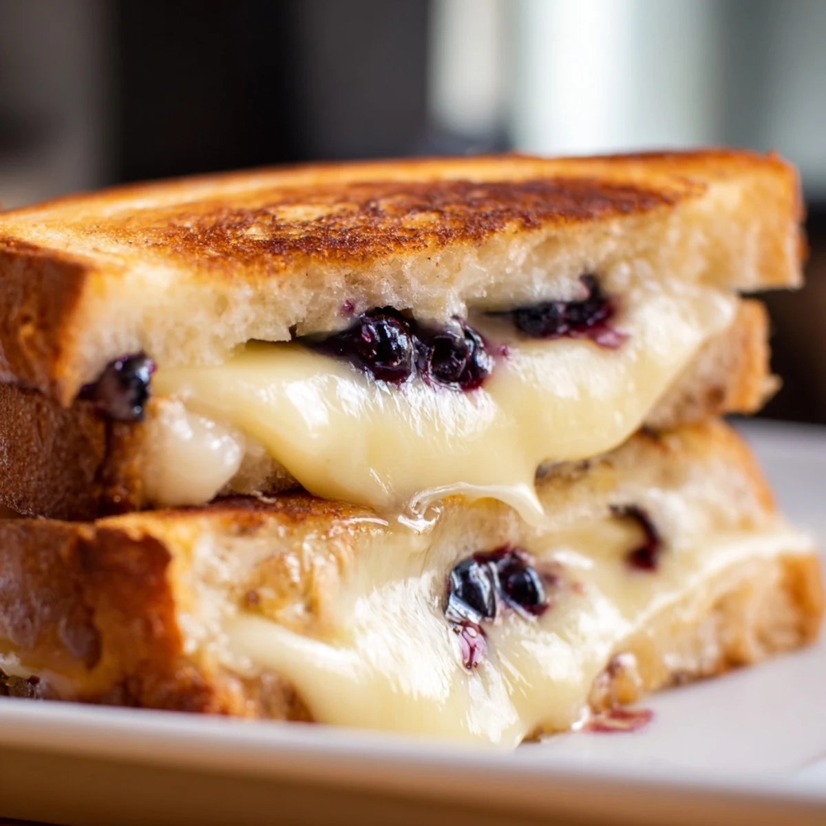 Buttery sourdough blueberry grilled cheese sandwich served on a white plate