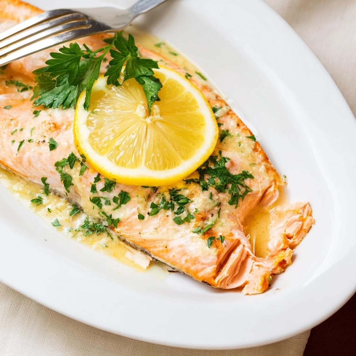 Golden baked salmon fillets glazed with lemon garlic butter and fresh dill garnish