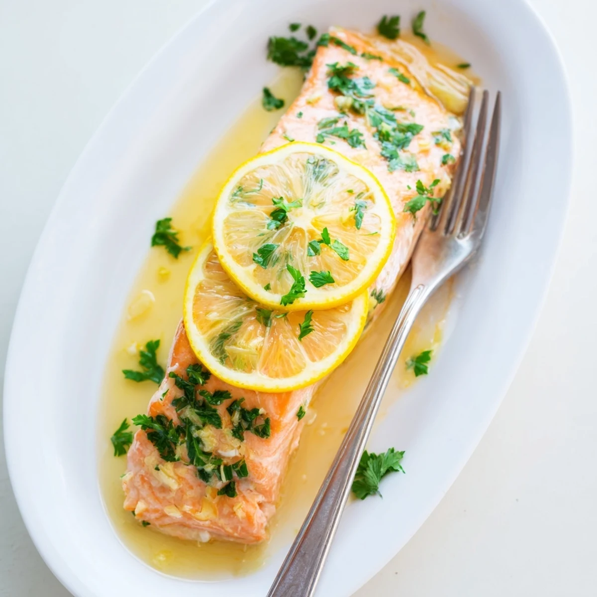 Tender oven roasted salmon with zesty lemon slices and aromatic herbs on a white plate