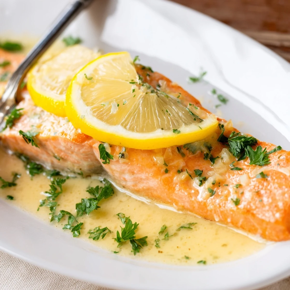 Flaky baked salmon fillets brushed with garlic butter and topped with lemon wedges