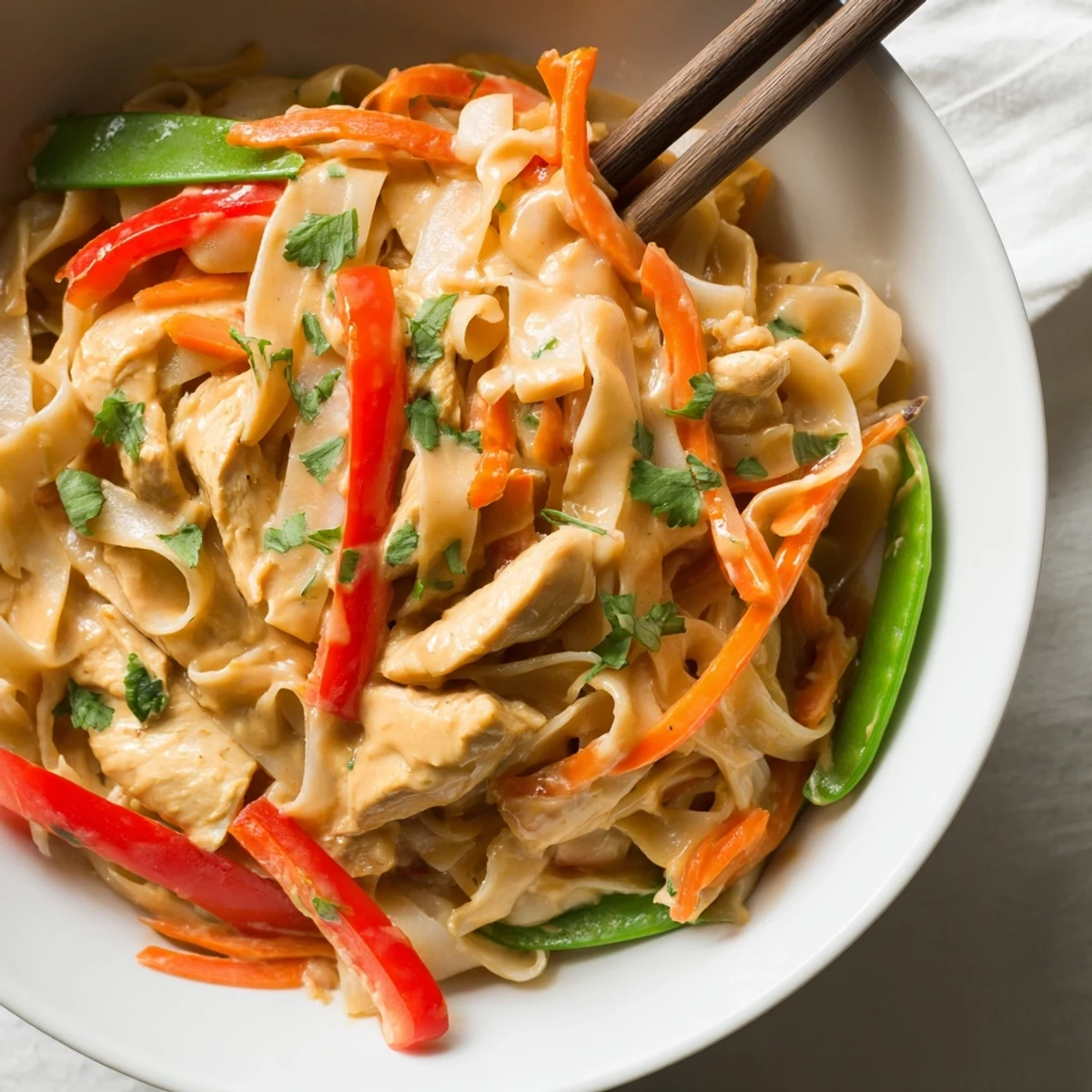 Golden slices of chicken nestled among colorful bell peppers and snap peas in creamy Thai peanut chicken noodle bowls