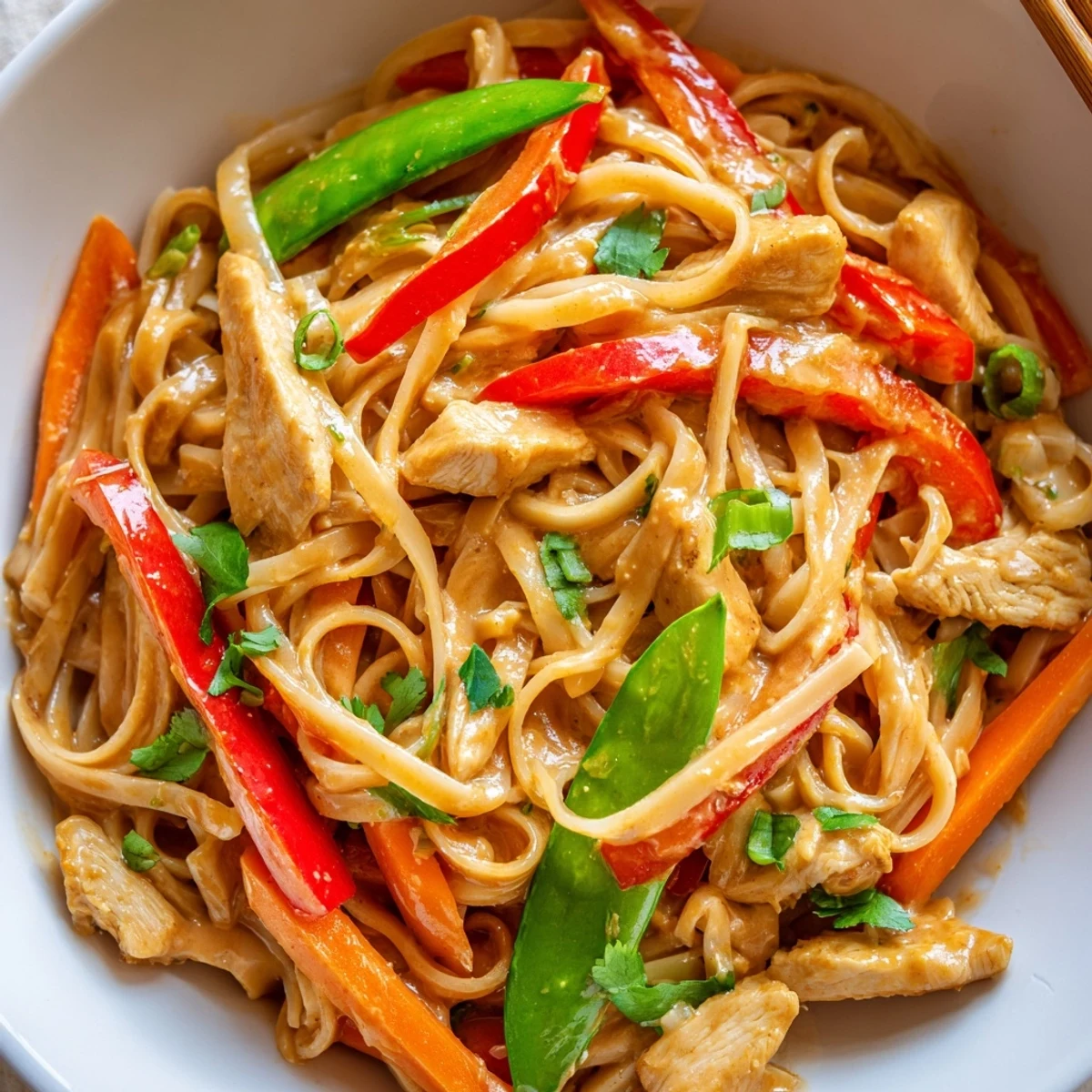 Vibrant Thai peanut chicken noodle bowls garnished with crushed roasted peanuts and fresh cilantro over a bed of glossy coated noodles