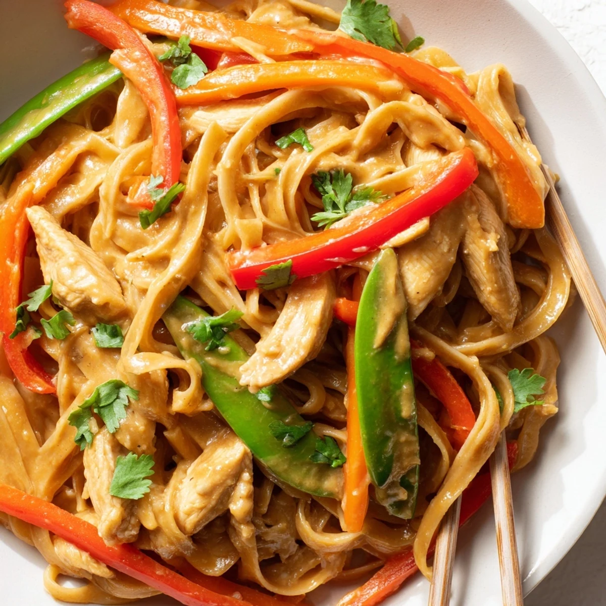 Rice noodles tangled with tender chicken and crisp vegetables coated in a rich spicy-sweet peanut sauce for Thai peanut chicken noodle bowls