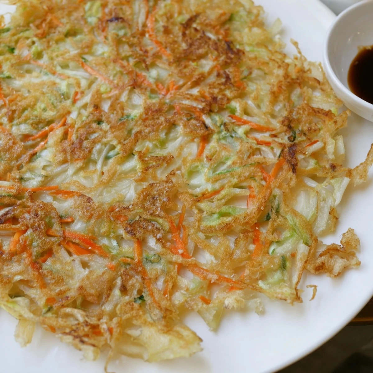 Savory Korean pancakes served in wedges with a small bowl of spicy dipping sauce