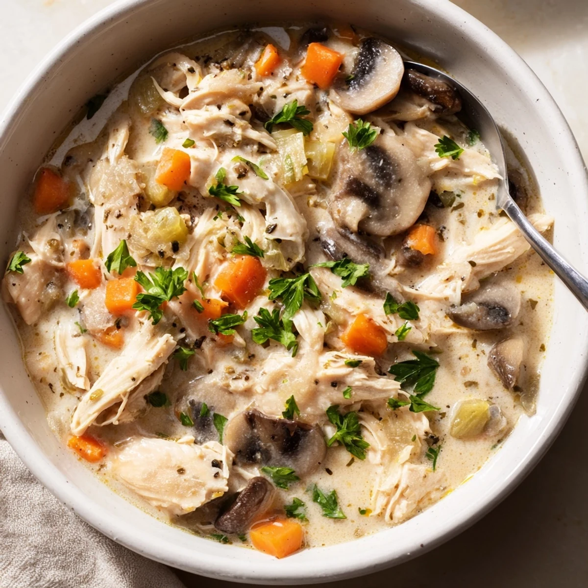 Creamy rotisserie chicken mushroom soup garnished with fresh parsley in a white bowl