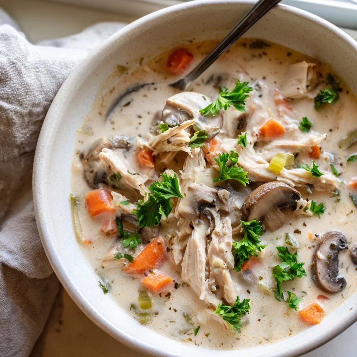 Golden mushroom slices and tender chicken swimming in rich velvety cream soup