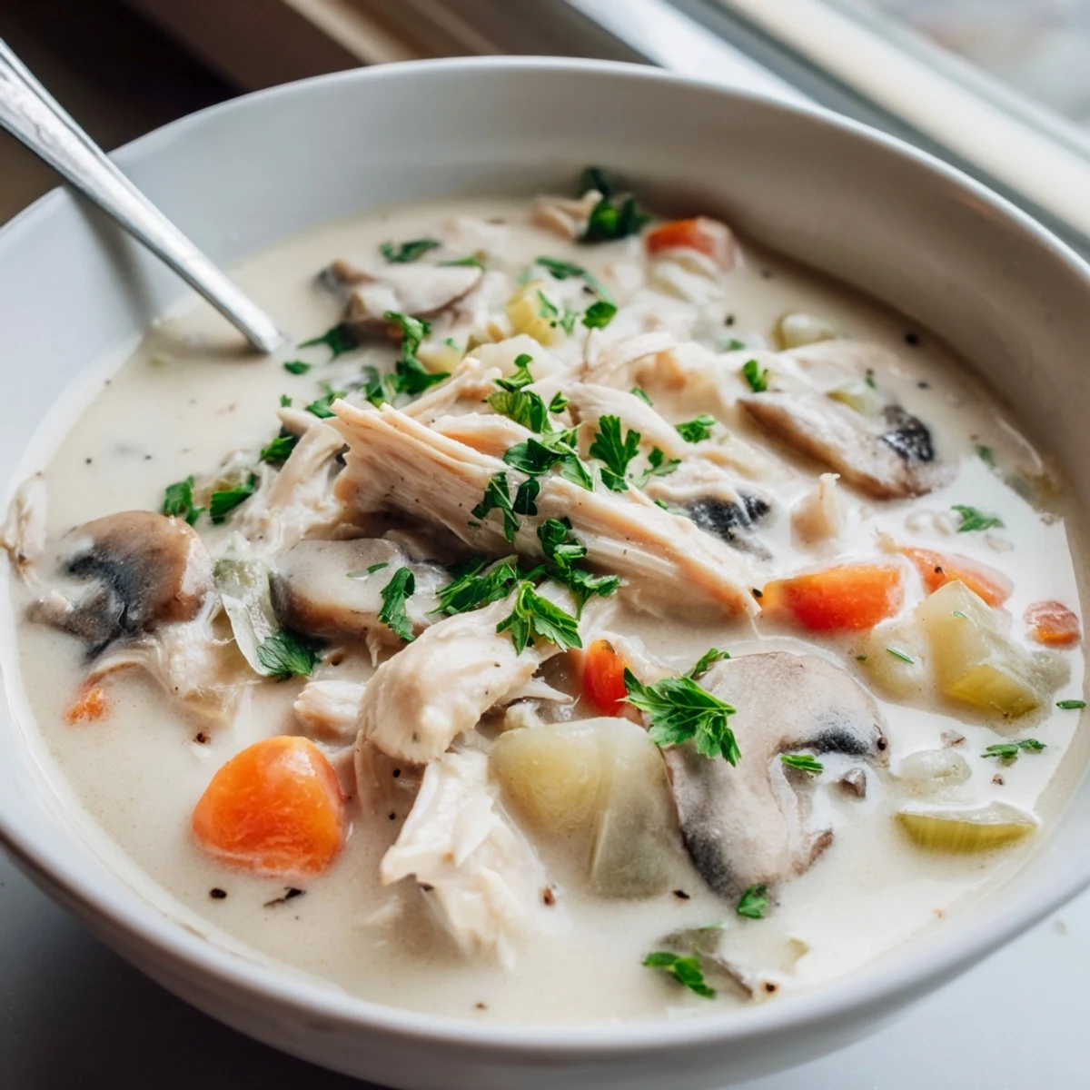 Steaming bowl of creamy chicken mushroom soup served with crusty bread on wooden table