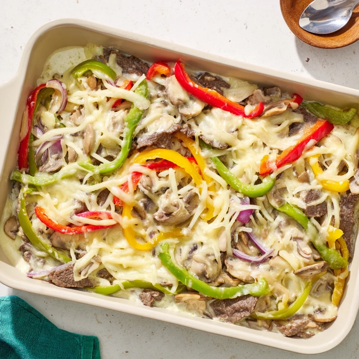 Golden bubbly Low Carb Philly Cheesesteak Casserole featuring melted provolone and mozzarella over seasoned beef with colorful peppers and onions
