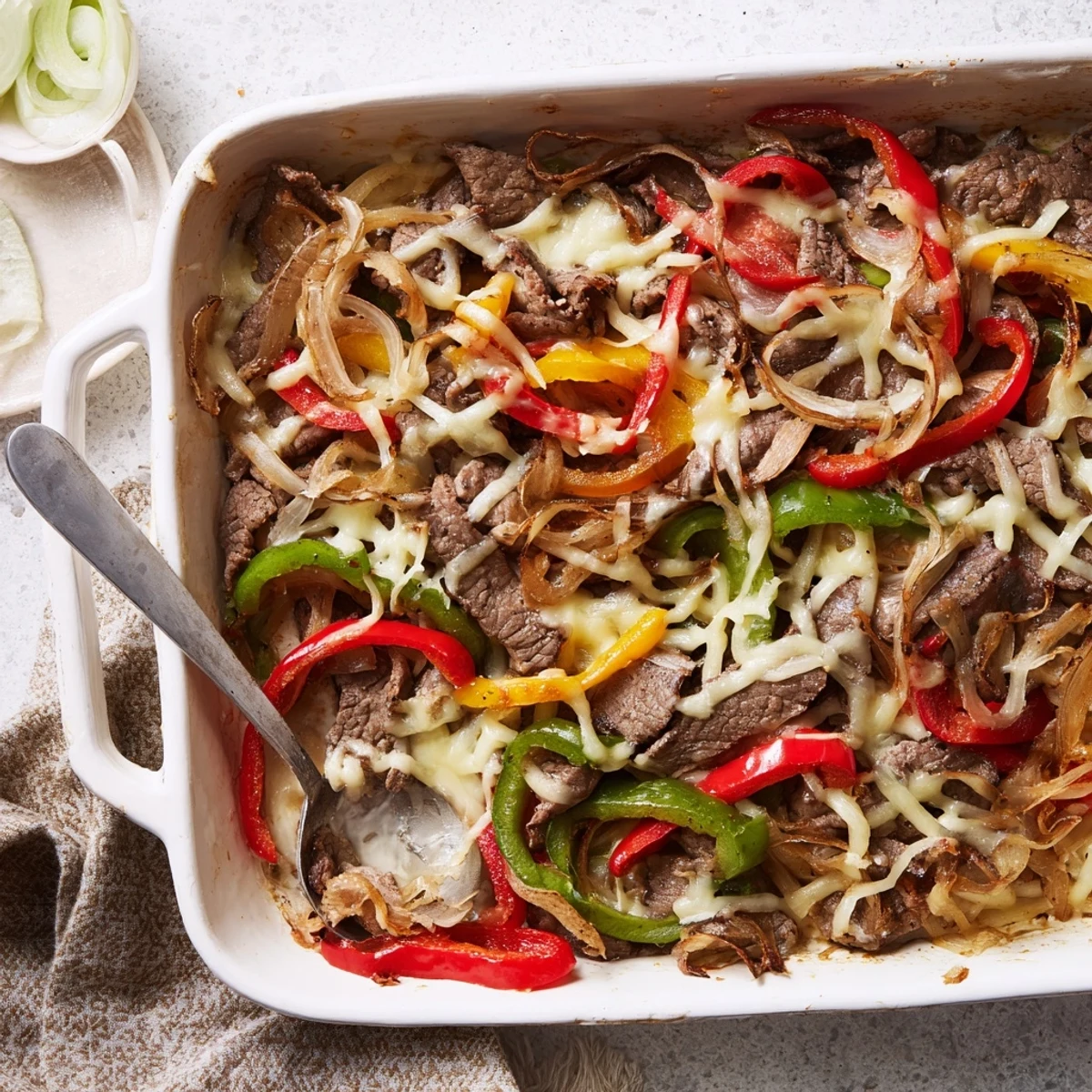 Baked Low Carb Philly Cheesesteak Casserole in a white dish with tender beef slices, sautéed vegetables, and a creamy cheese topping