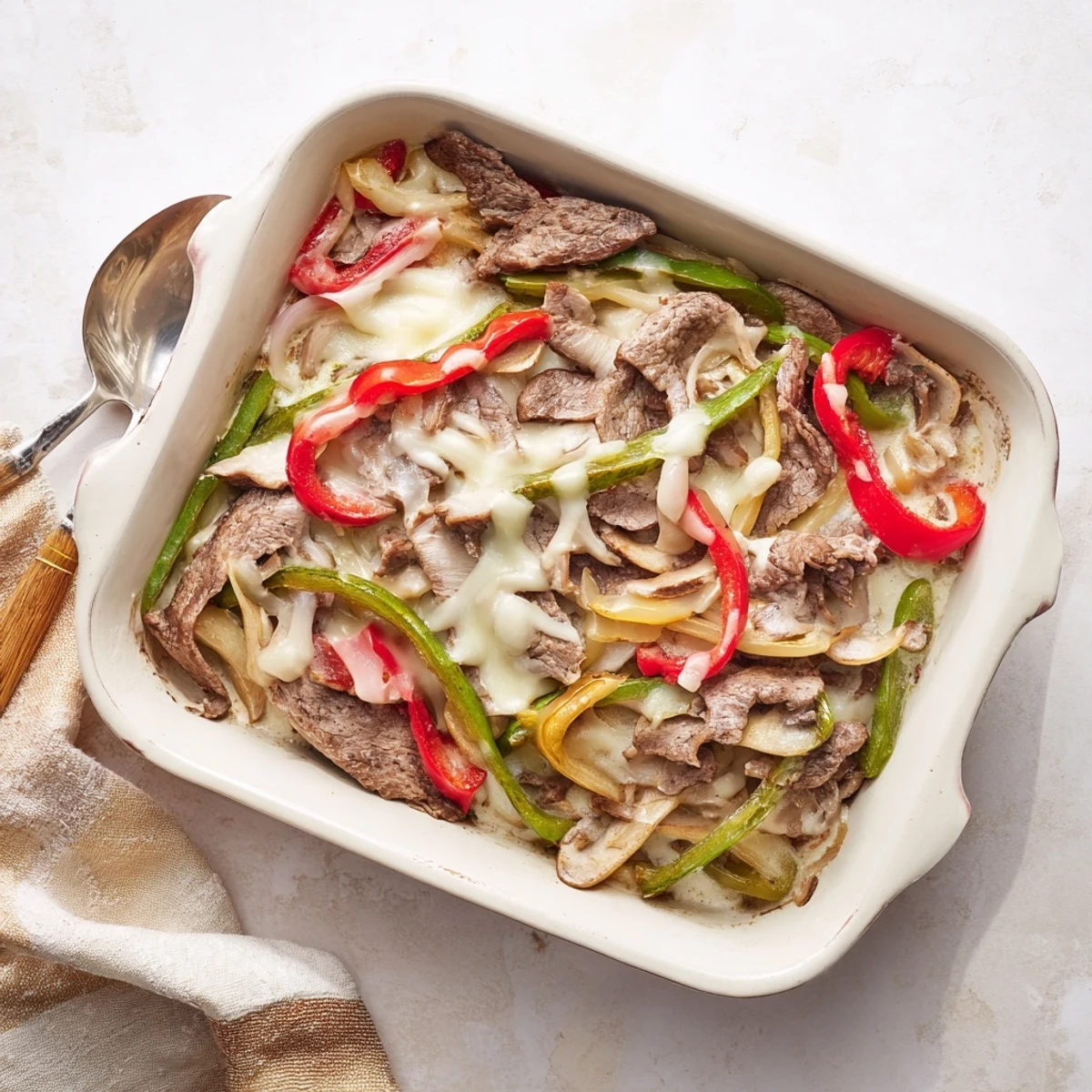 Savory Low Carb Philly Cheesesteak Casserole fresh from the oven showcasing browned beef, bell peppers, onions, and three kinds of melted cheese