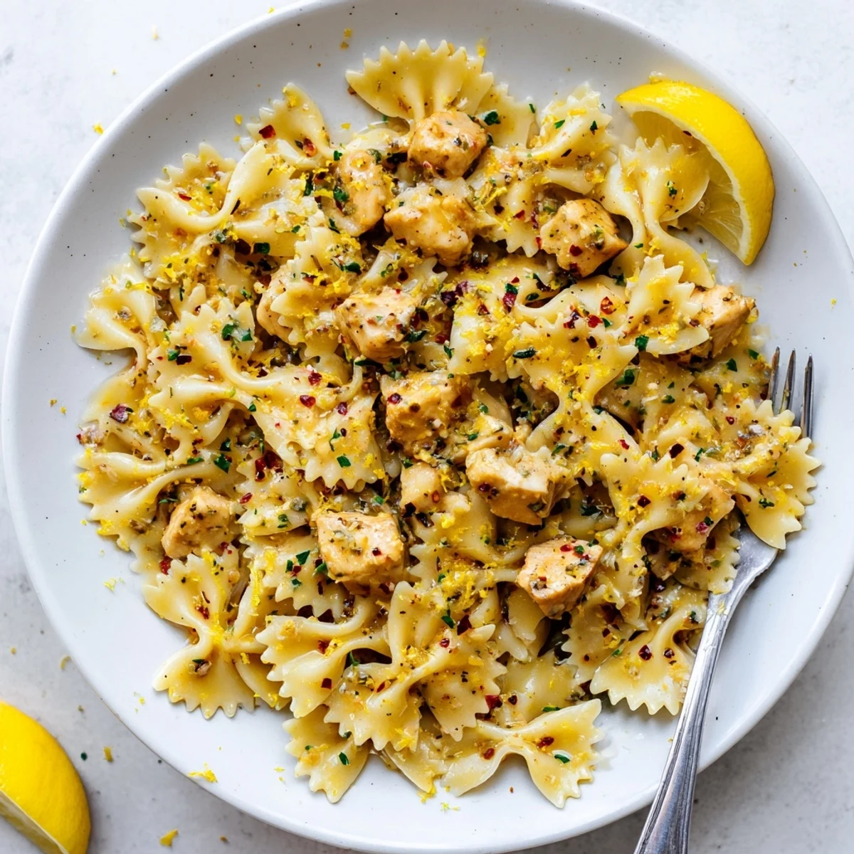 Tender chicken pieces and low-carb bowtie pasta coated in zesty lemon cowboy butter sauce with herbs