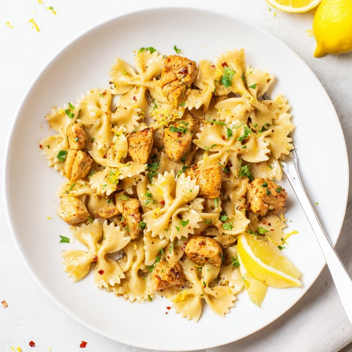 Golden low carb cowboy butter lemon bowtie chicken served in a white bowl with fresh parsley garnish