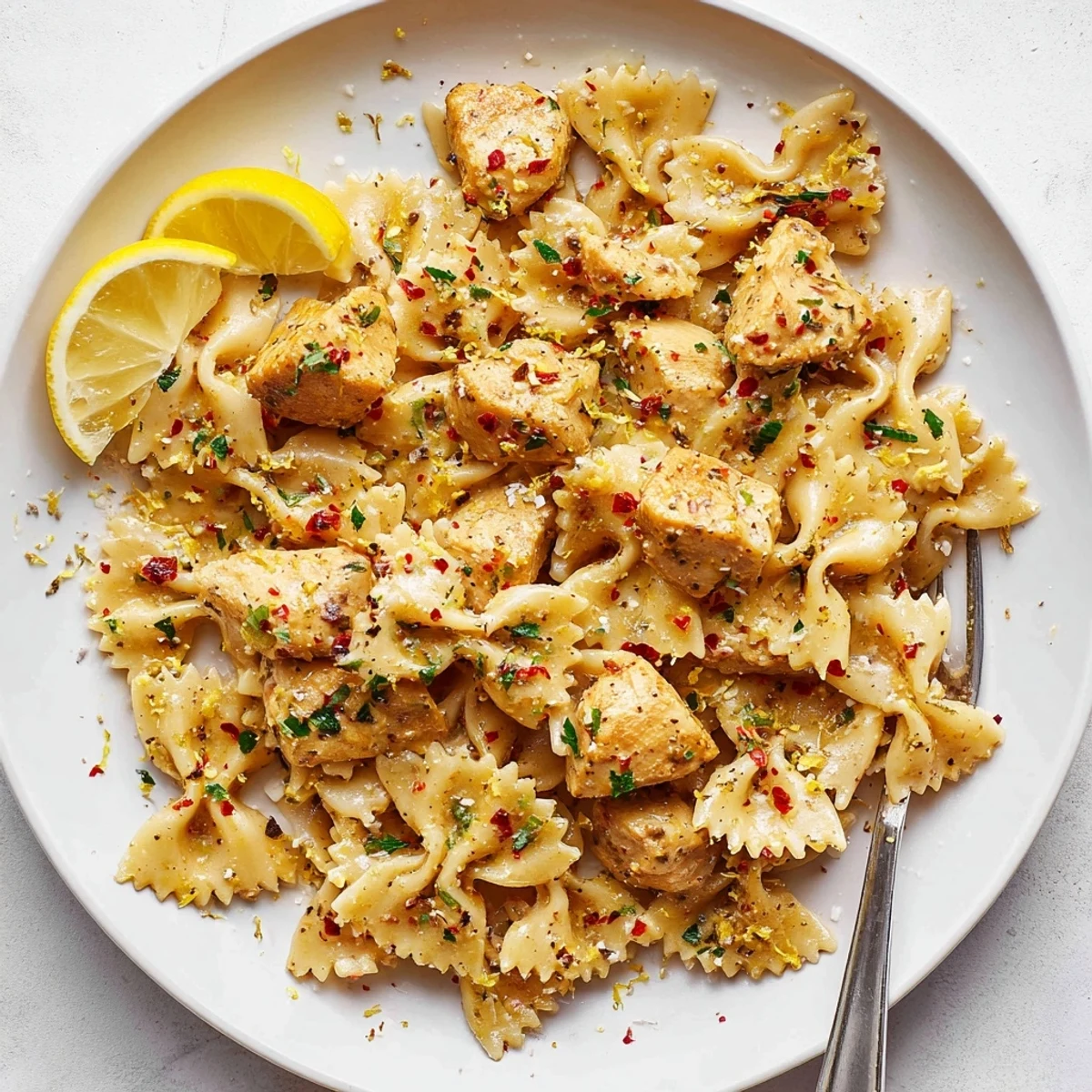 Steaming plate of low carb cowboy butter lemon bowtie chicken featuring golden chicken and al dente pasta