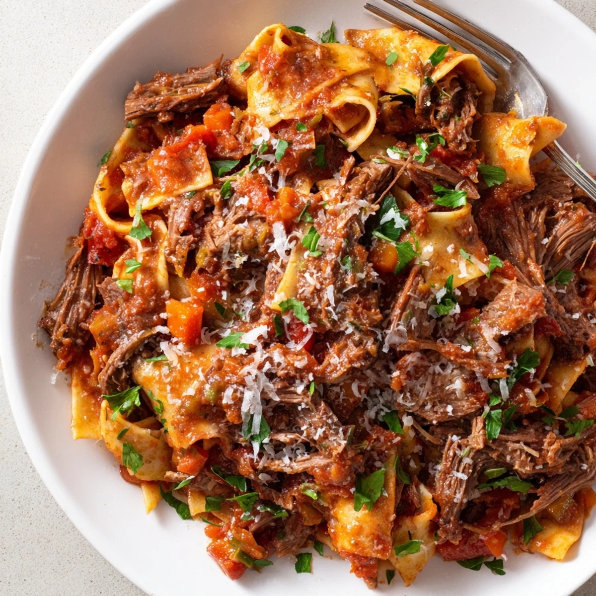 Slow cooker beef ragu with tender shredded meat in rich tomato sauce over pasta