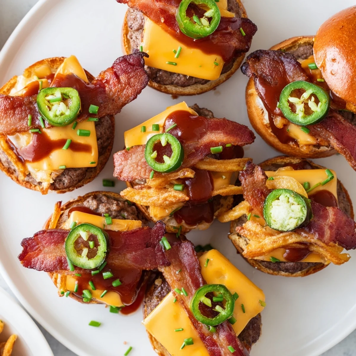 Golden pretzel buns holding cheesy beef patties topped with fried onions and smoky bacon for a hearty American meal